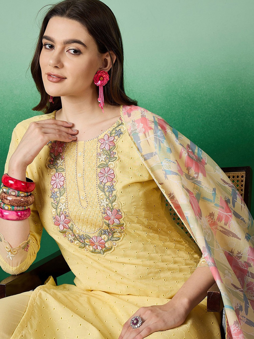 

Sangria Floral Embroidered Thread Work Pure Cotton Kurta with Trousers & Dupatta, Yellow