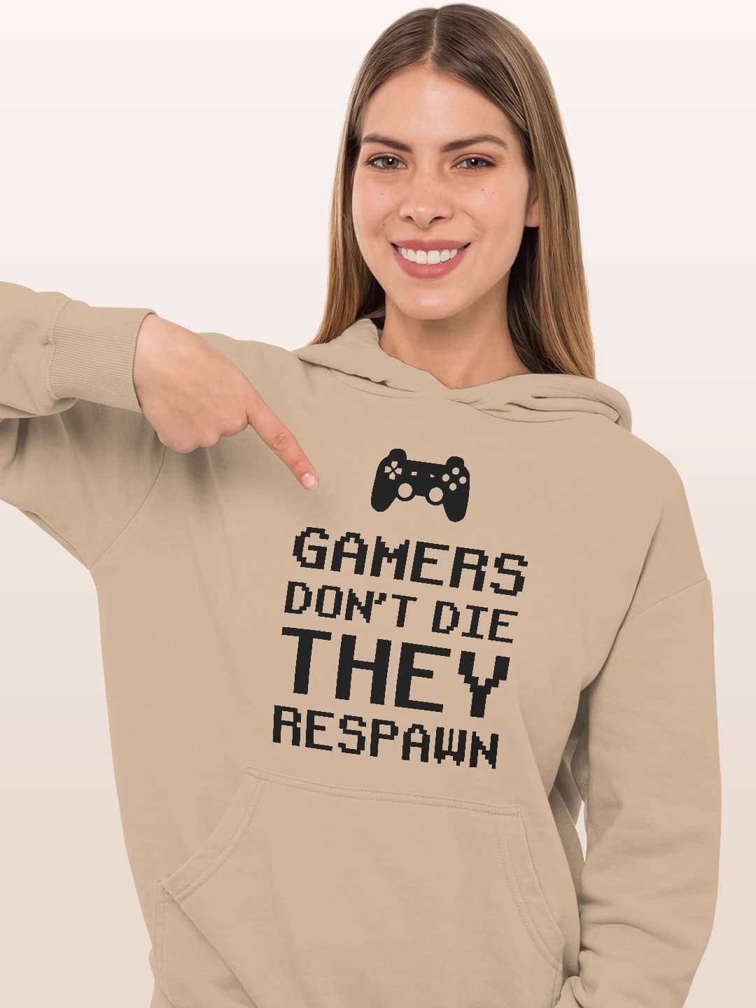 

macmerise Women Printed Hooded Sweatshirt, Beige
