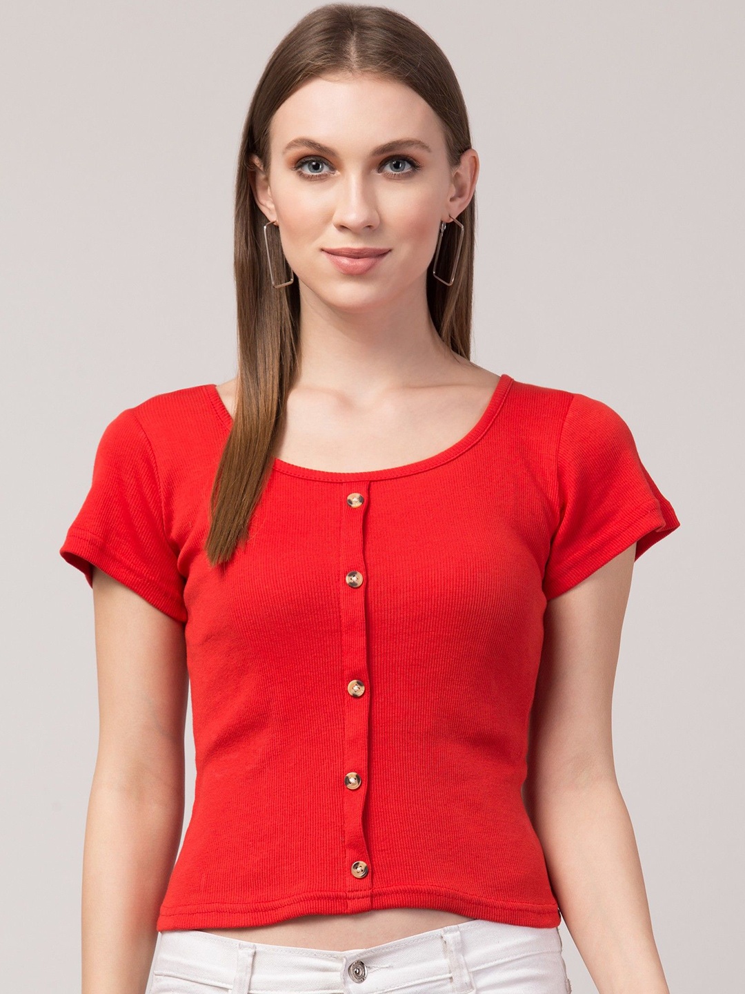

Nalax Designs Women Round Neck Short Sleeves Crop Top, Red