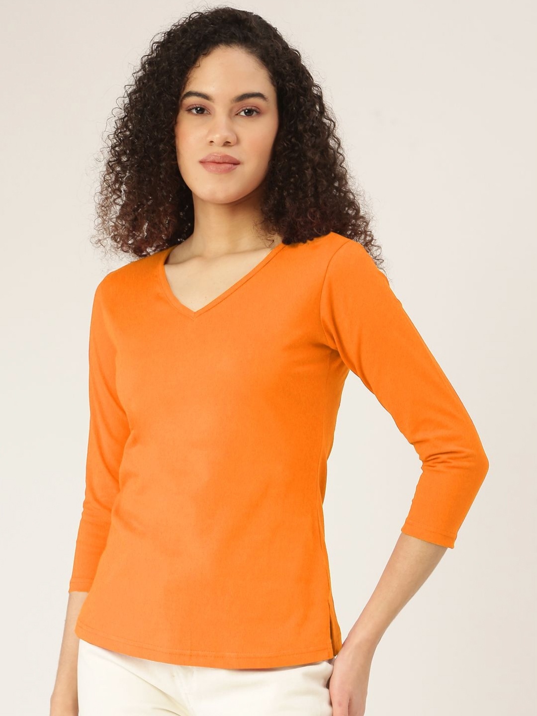 

BRINNS Women Solid V-Neck Cotton T-shirt, Orange