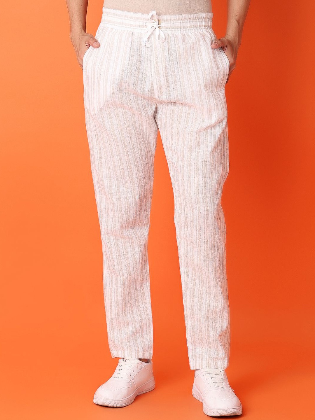 

V-Mart Men Striped Mid Rise Linen Track Pants, Off white