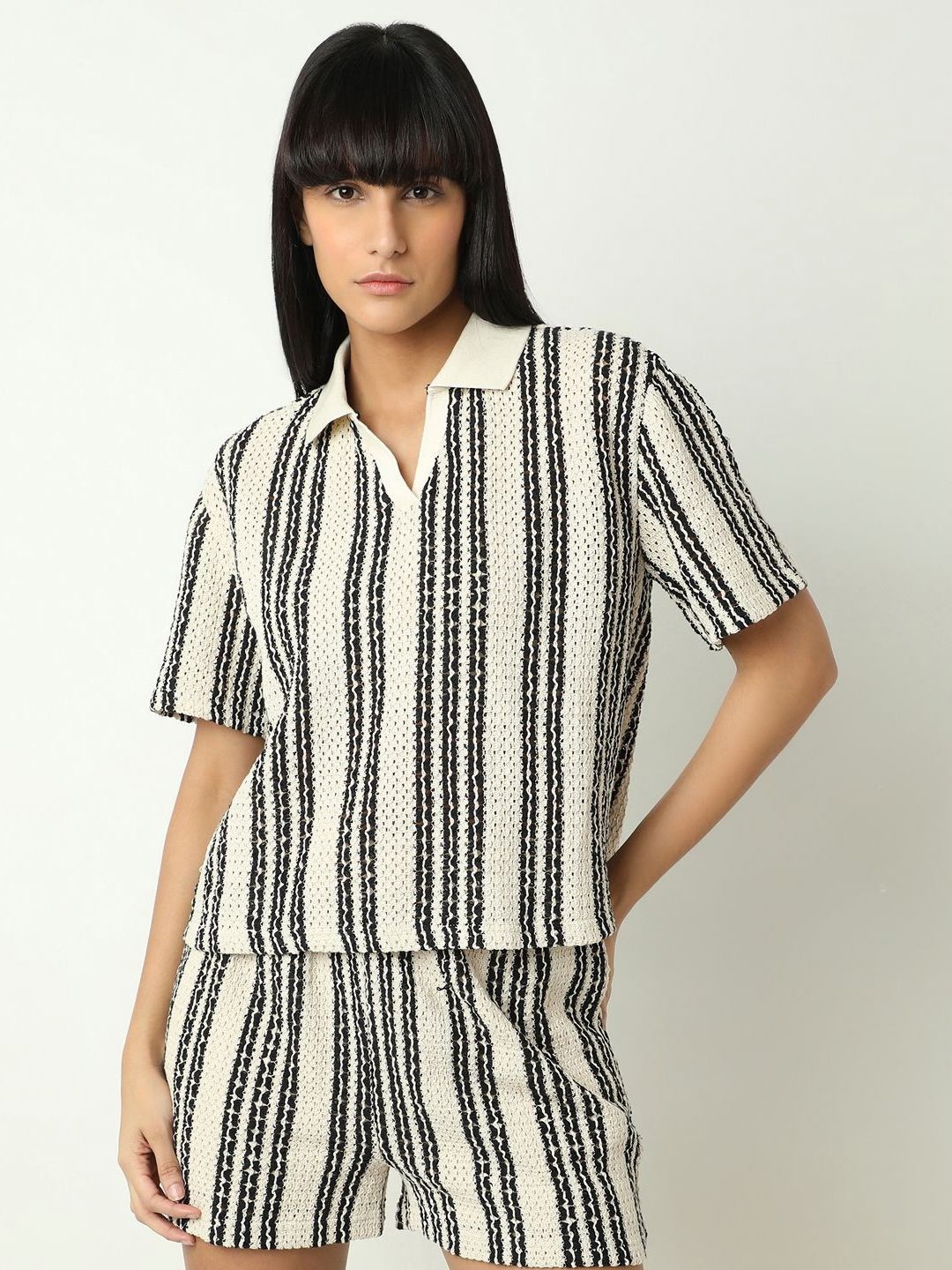 

Vero Moda Women Striped Polo Collar Cotton T-shirt, Beige