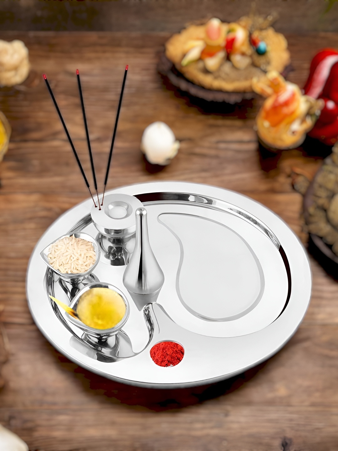 

FNS Silver-Toned 5 Pieces Textured Stainless Steel Pooja Thali