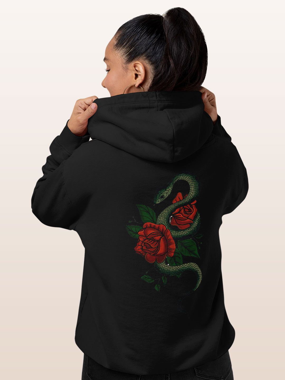 

macmerise Women Printed Hooded Sweatshirt, Black