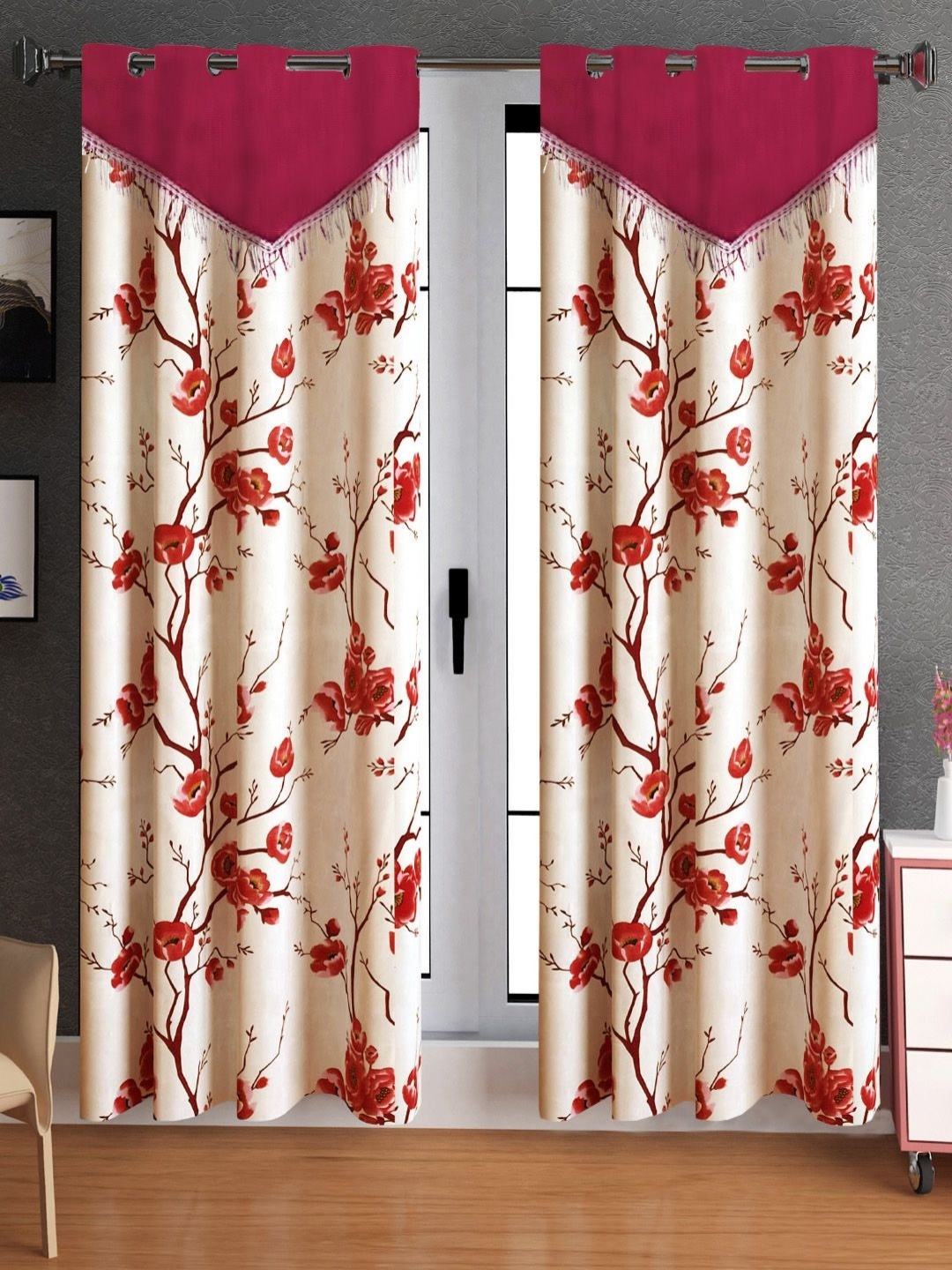 

Lunar Days Maroon & Beige 2 Pieces Floral Printed Room Darkening Long Door Curtains