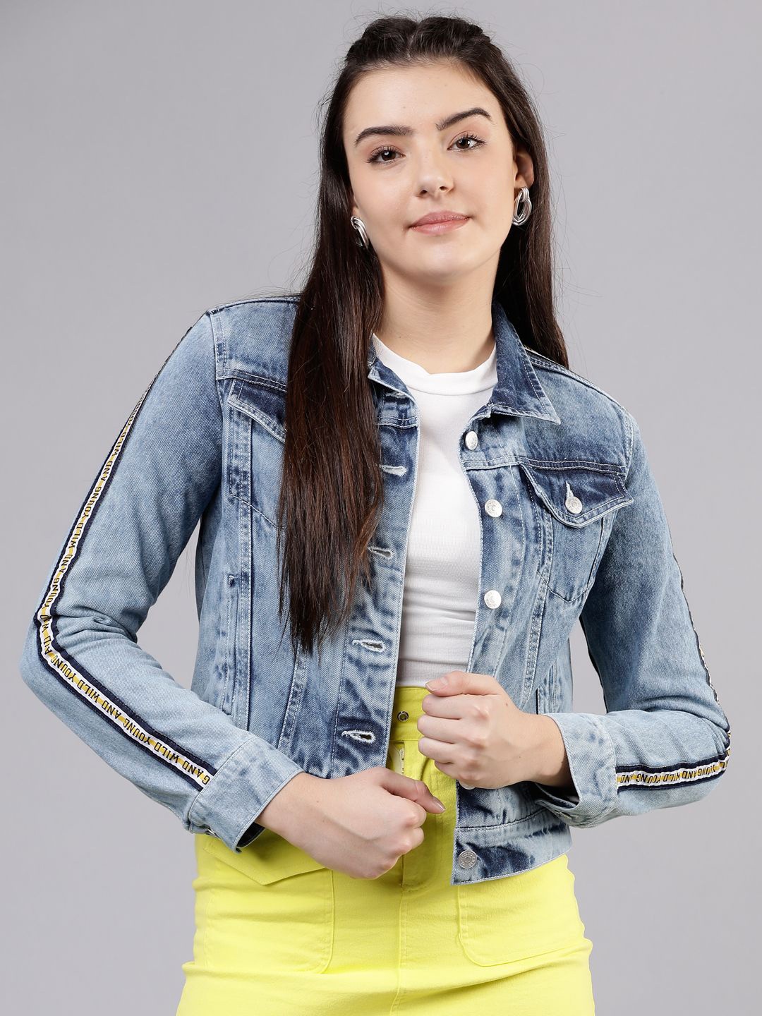 

Tokyo Talkies Women Washed Crop Denim Jacket Patchwork, Blue