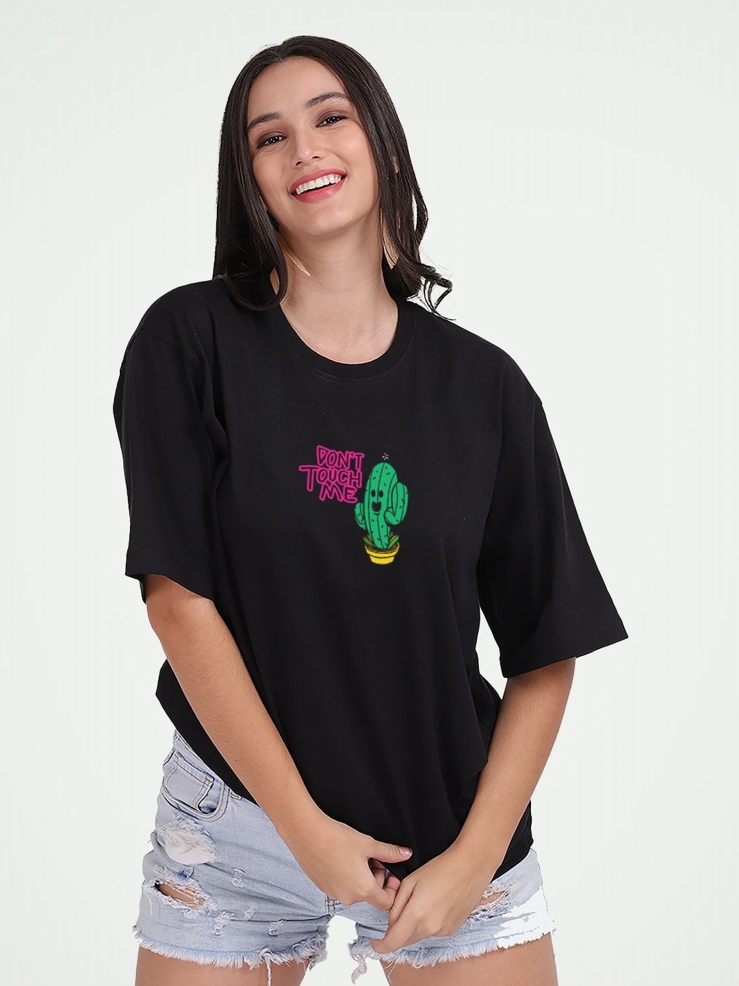 

Mad Over Print Women Graphic Printed Round Neck Cotton Oversized T-shirt, Black