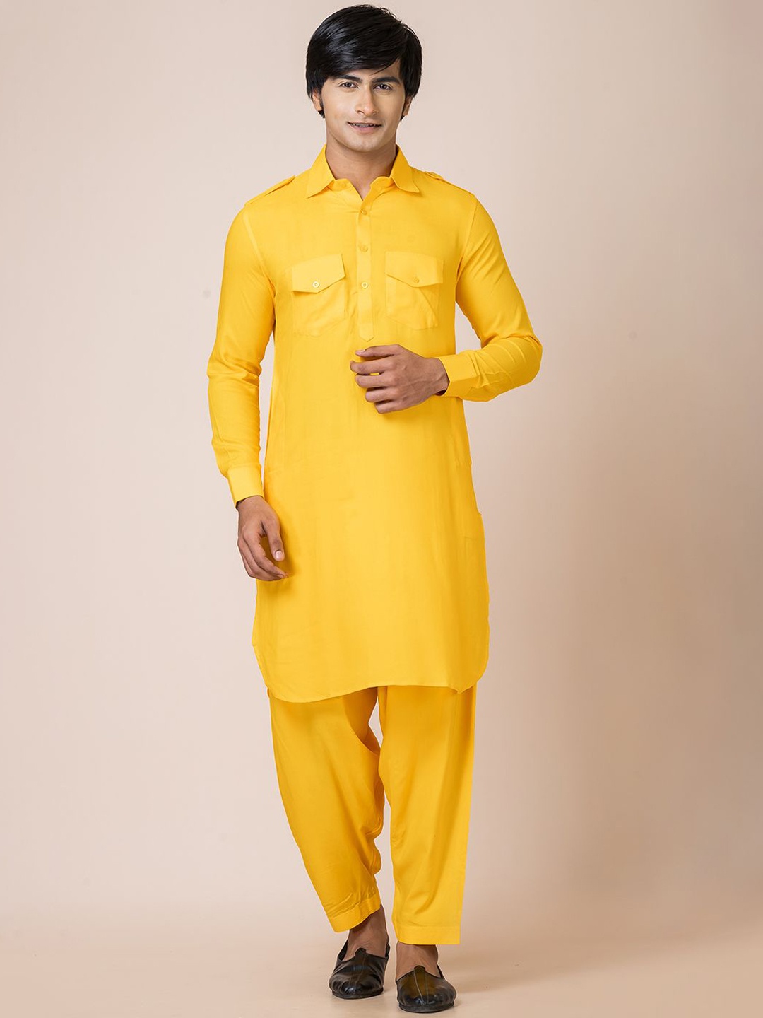 

HU - Handcrafted Uniquely Shirt Collar Pure Cotton Pathani Kurta with Churidar, Yellow