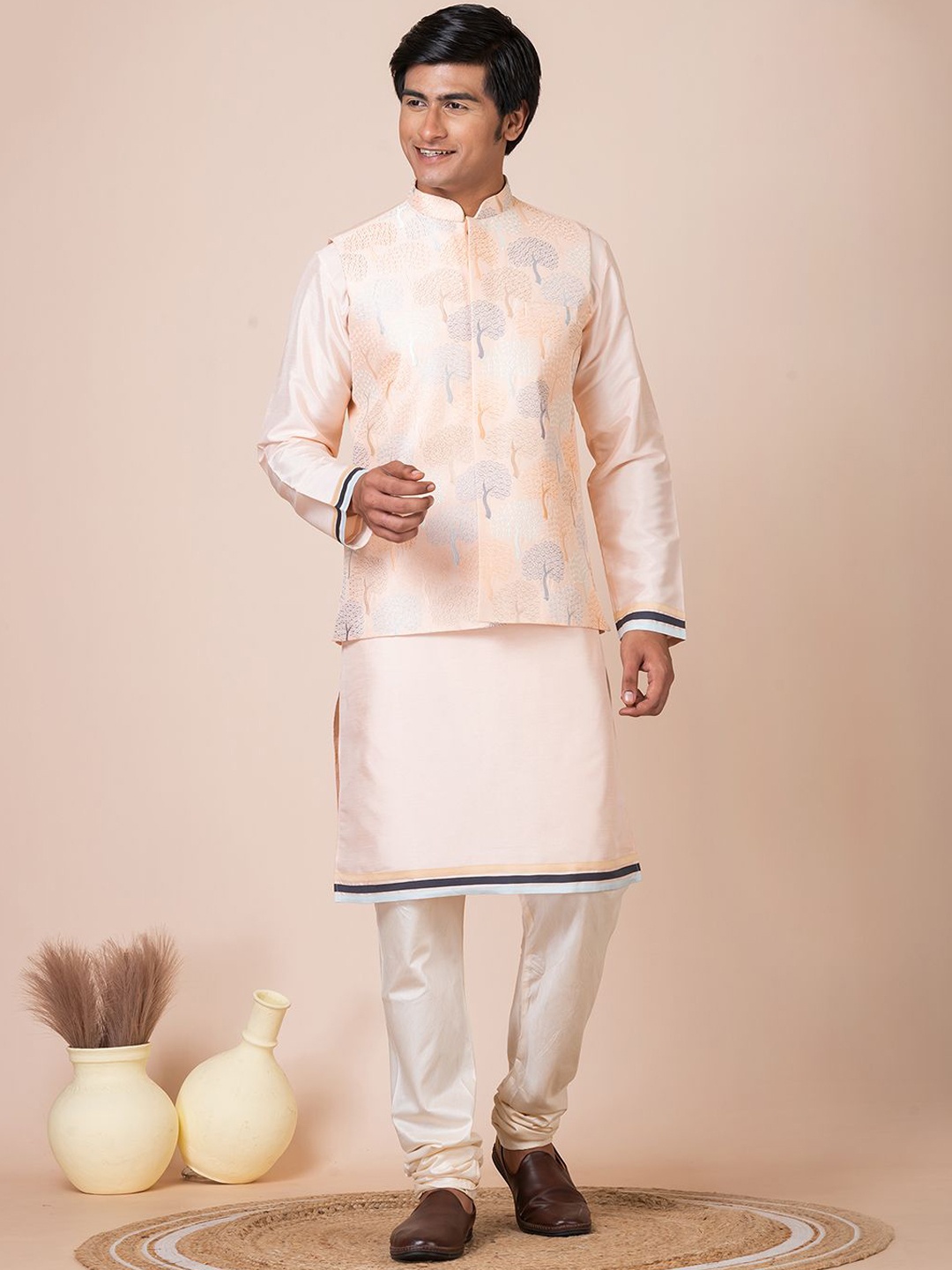 

HU - Handcrafted Uniquely Mandarin Collar Straight Kurta with Churidar & Jacket, Peach