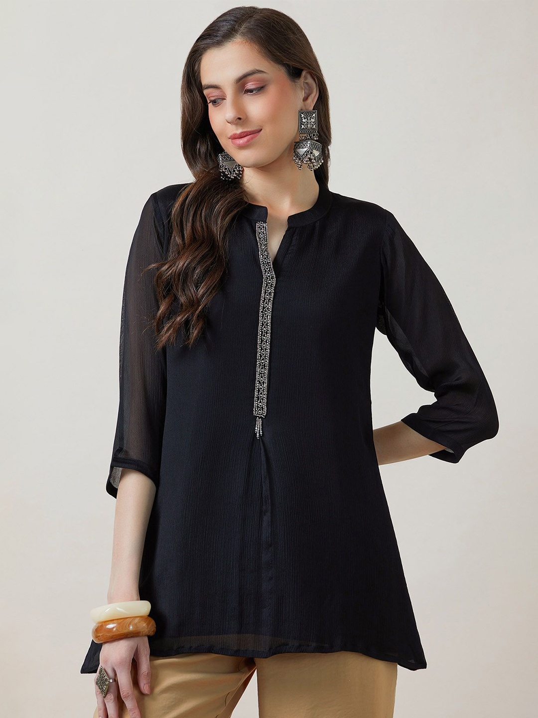 

Soch Embroidered Mandarin Collar Cotton Tunic, Black