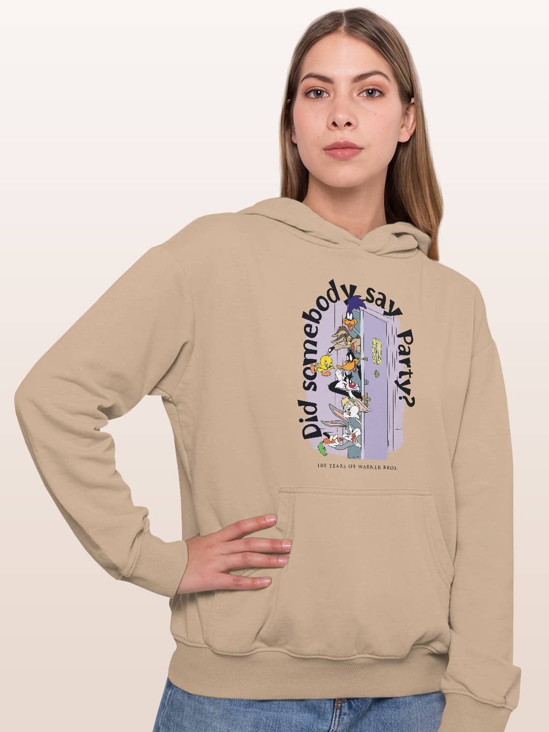 

macmerise Women Printed Hooded Sweatshirt, Beige