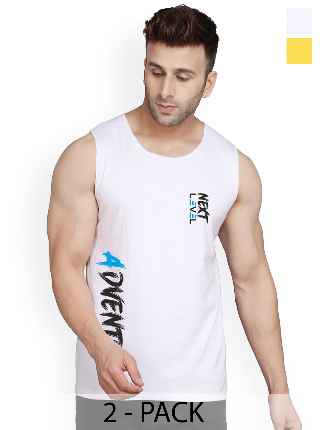 

SLOWLORIS Pack Of 2 Men Printed Sleeveless Gym Vests, Yellow