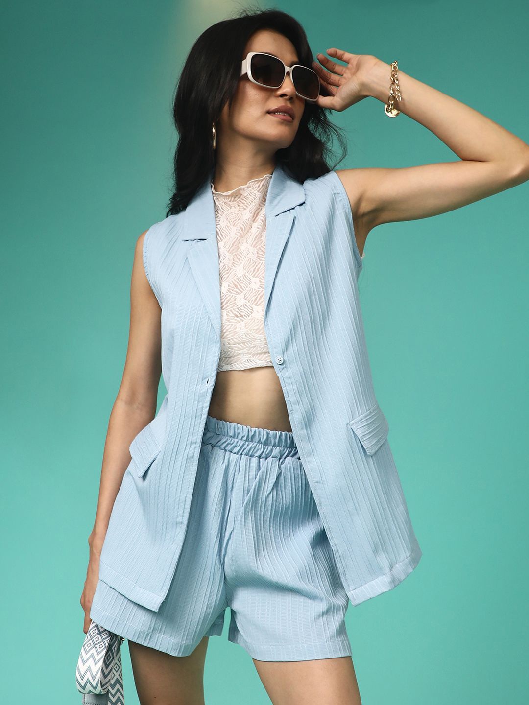 

PINACOLADA Self Design Ribbed Notched Collar Sleeveless Tailored Vest With Shorts, Blue