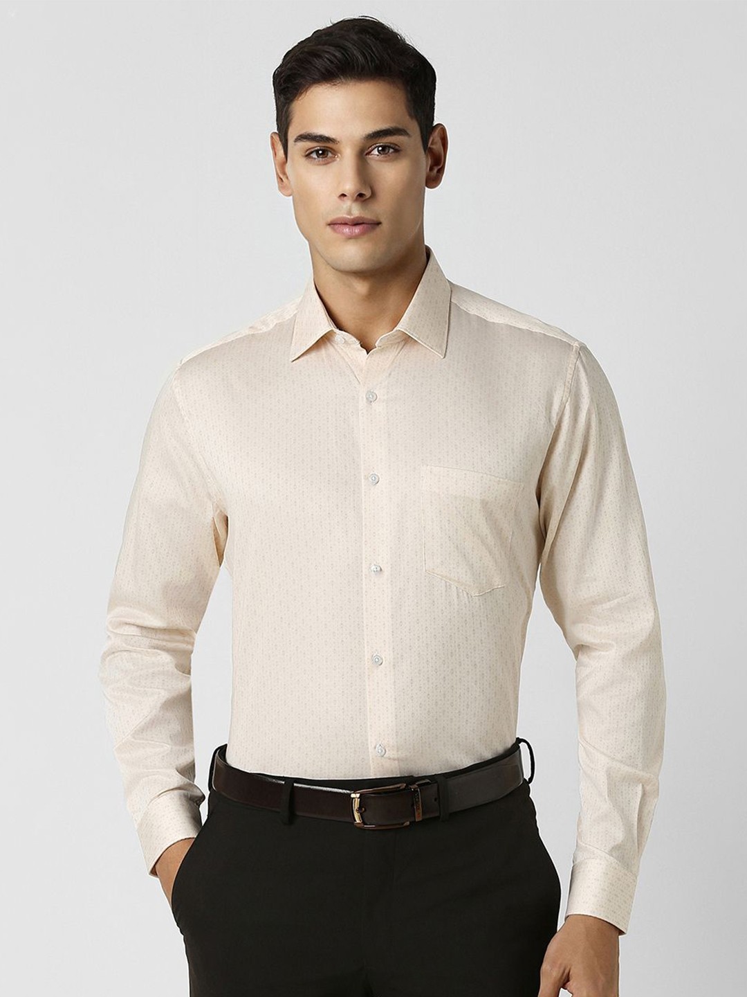

Van Heusen Men Spread Collar Textured Printed Cotton Party Shirt, Beige