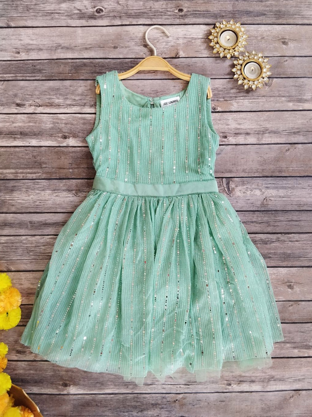 

LABEL KANUPRIYA Girls Shimmer Net Fit & Flare Dress, Green