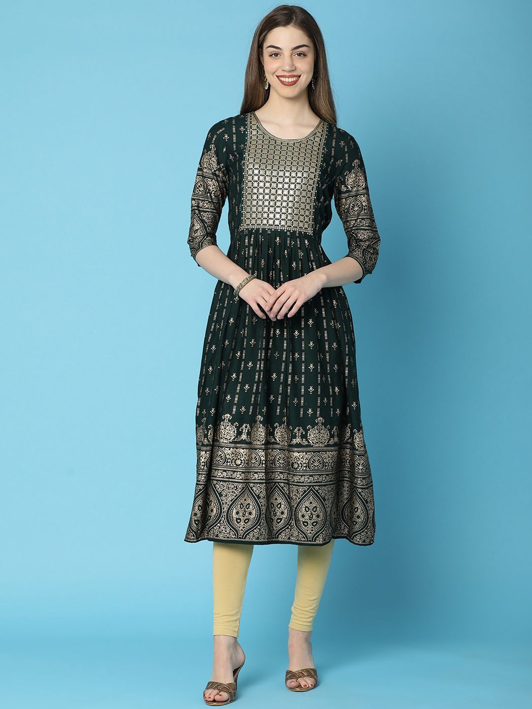 

V-Mart Ethnic Motifs Printed Pleated Anarkali Kurta, Green