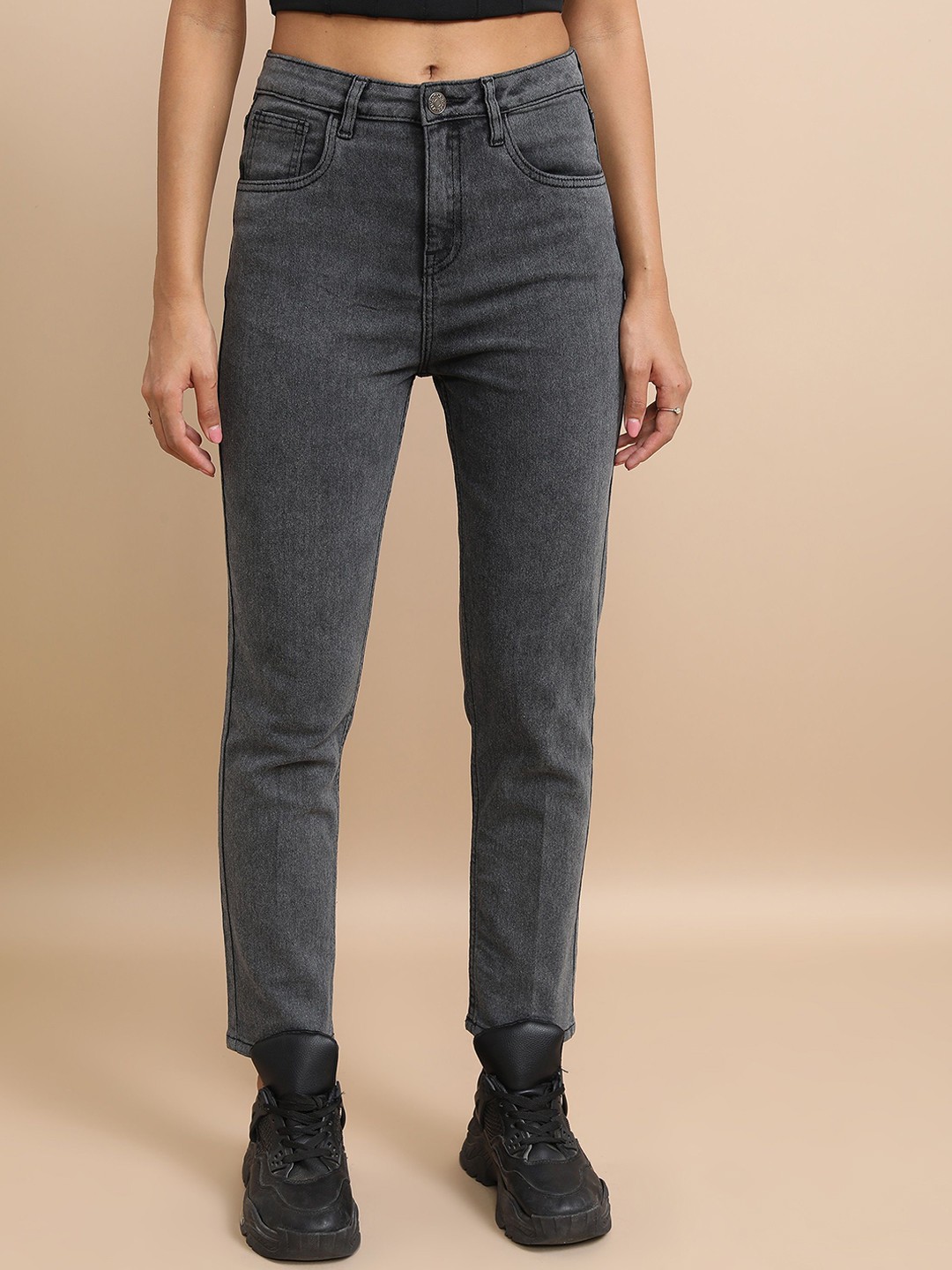 

Tokyo Talkies Women High-Rise Flat-Front Slim Fit Stretchable Jeans, Grey