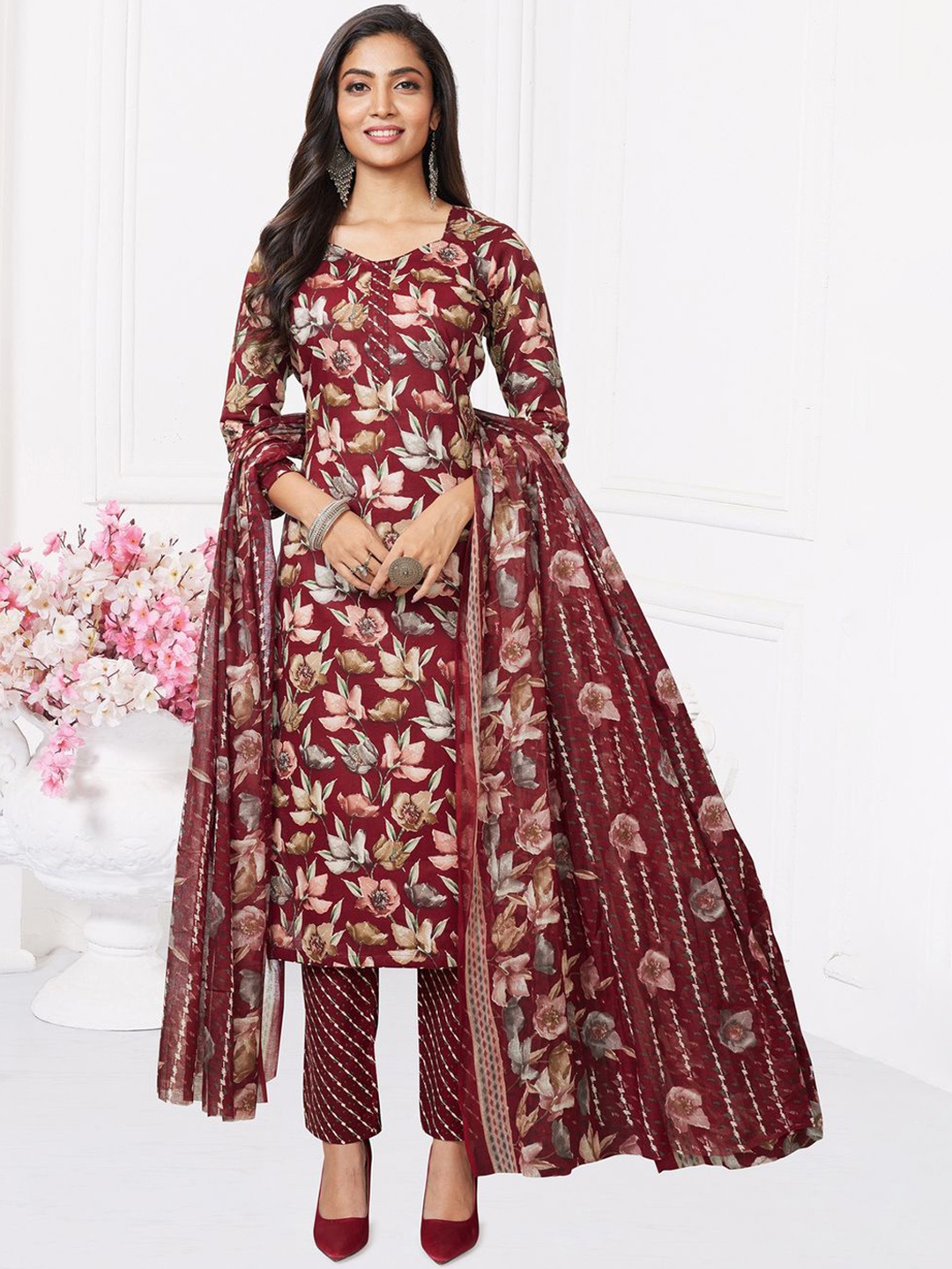 

MIRAAN Floral Printed Pure Cotton Kurta with Trousers & Dupatta, Maroon