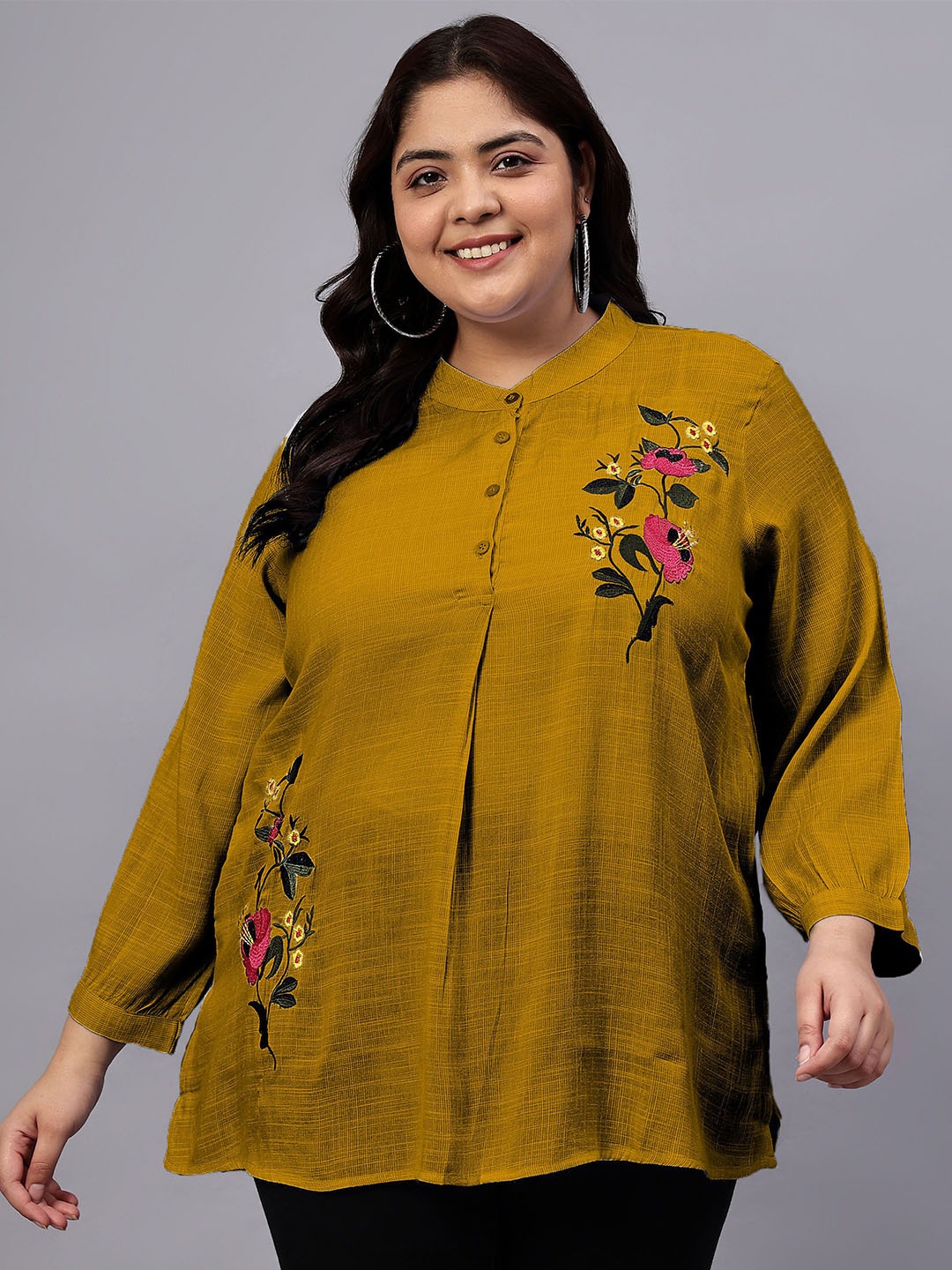 

Indietoga Women Plus Size Floral Printed Embroidered Mandarin Collar Cotton Top, Mustard