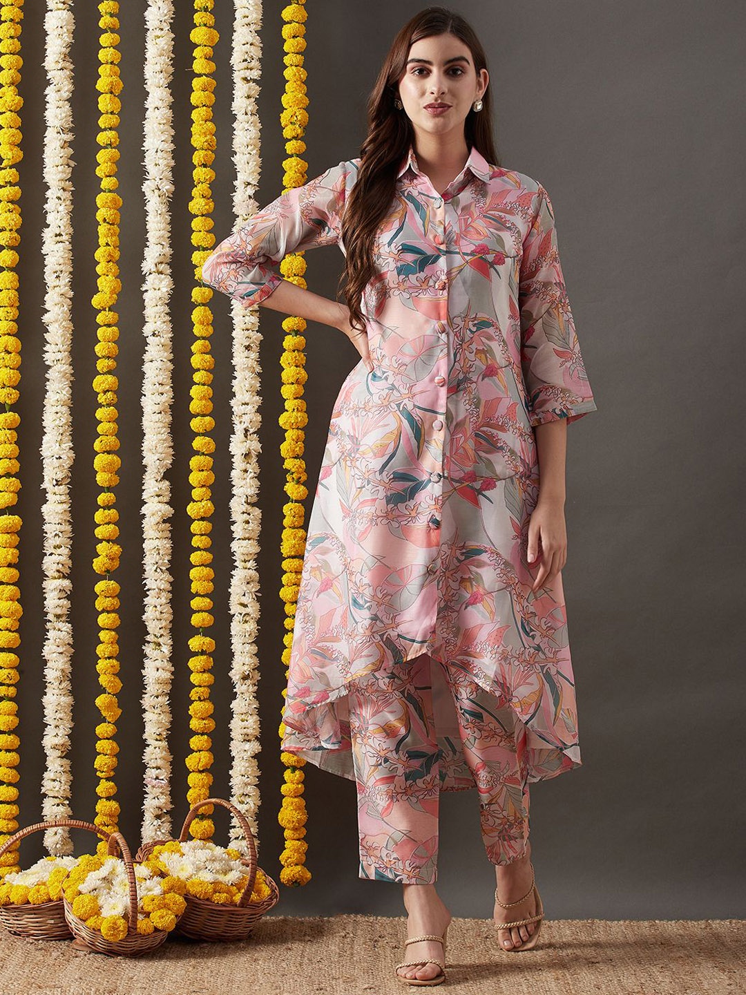 

KAVINDI Floral Printed Chanderi Cotton A-Line Kurta with Trousers, Pink