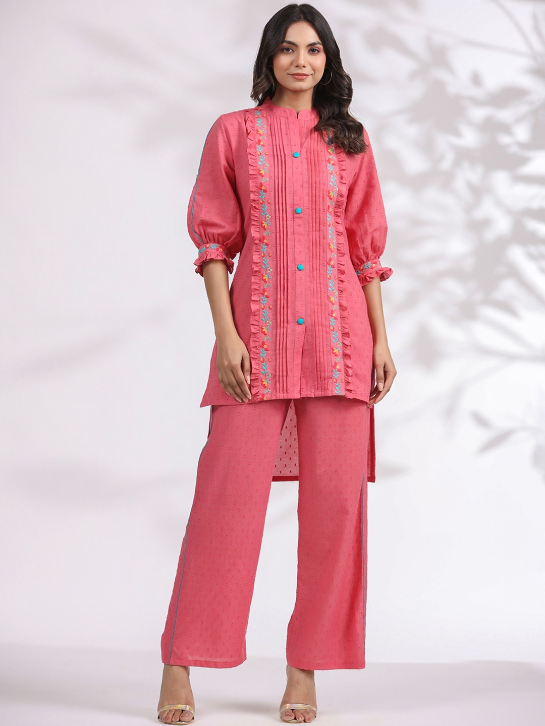 

GILLORI Mandarin Collar Embroidered Pure Cotton Top & Trouser, Pink