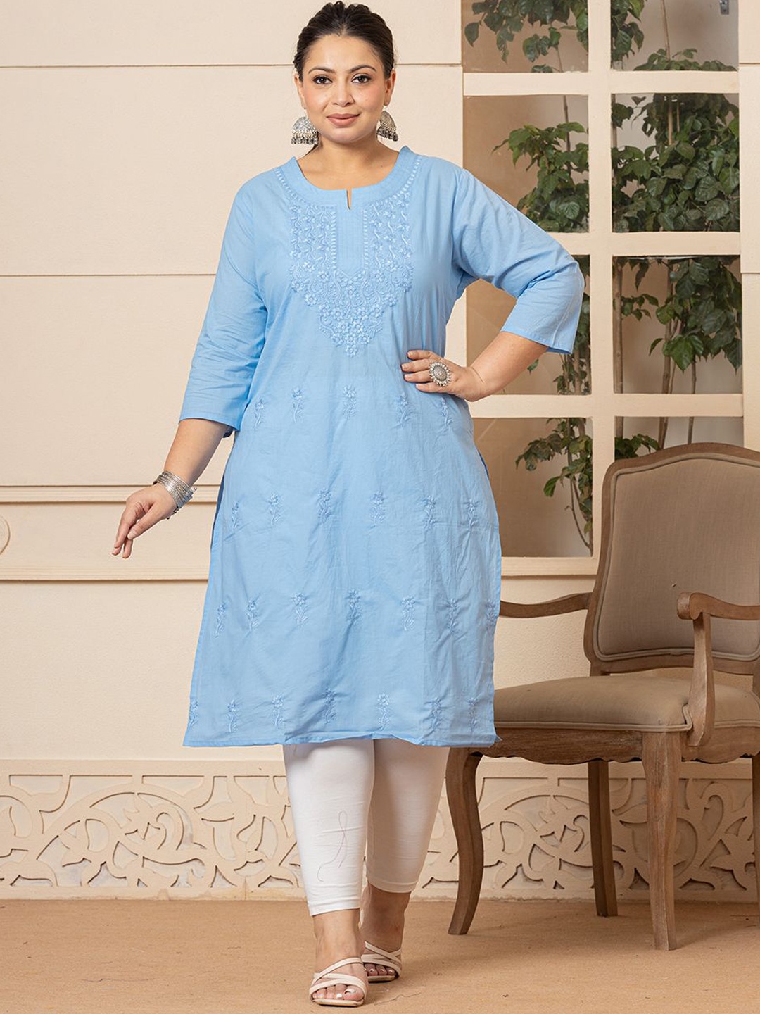 

Yufta Plus Size Floral Embroidered Notch Neck Pure Cotton Straight Kurta, Blue