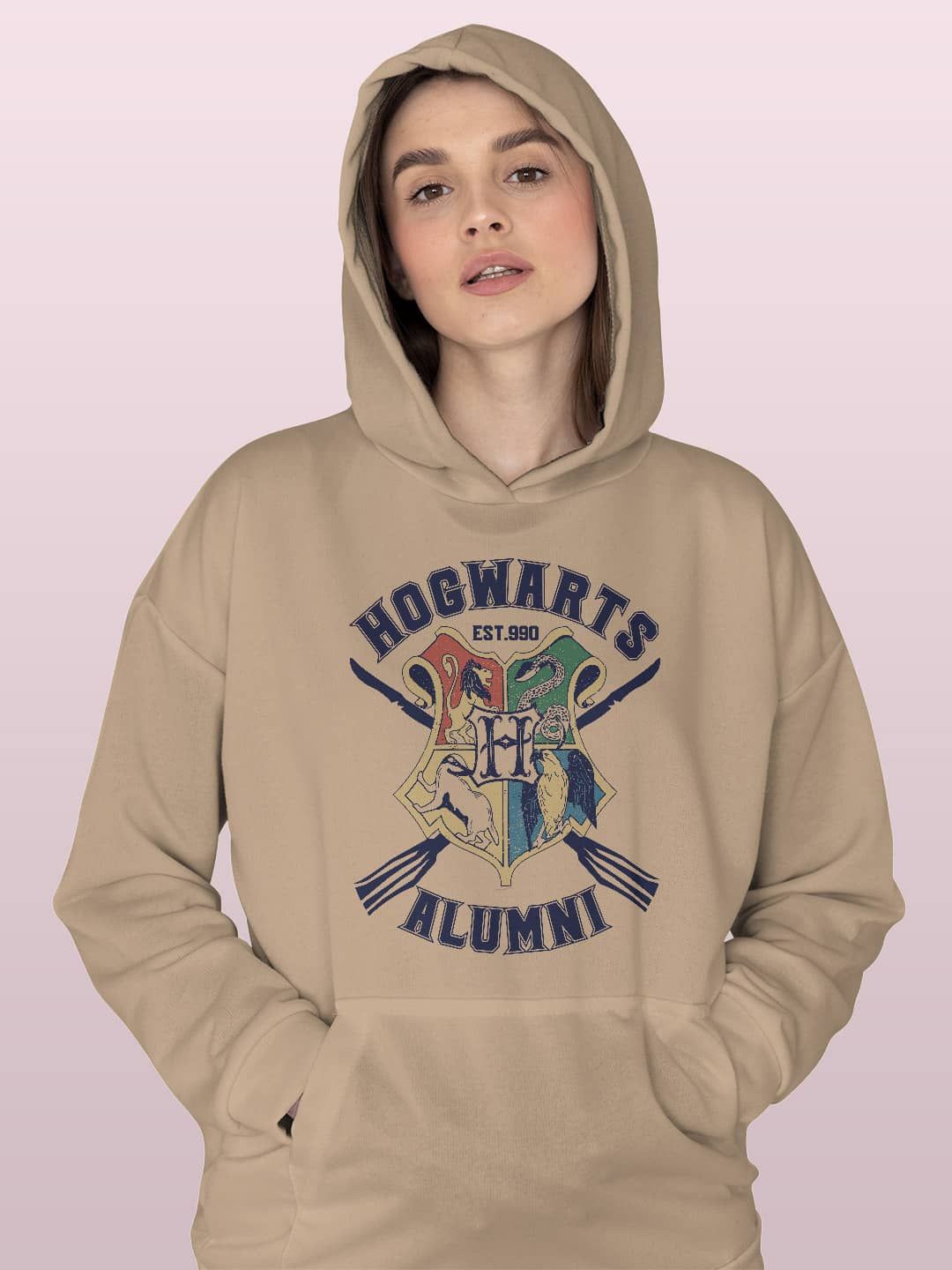 

macmerise Women Printed Hooded Sweatshirt, Beige