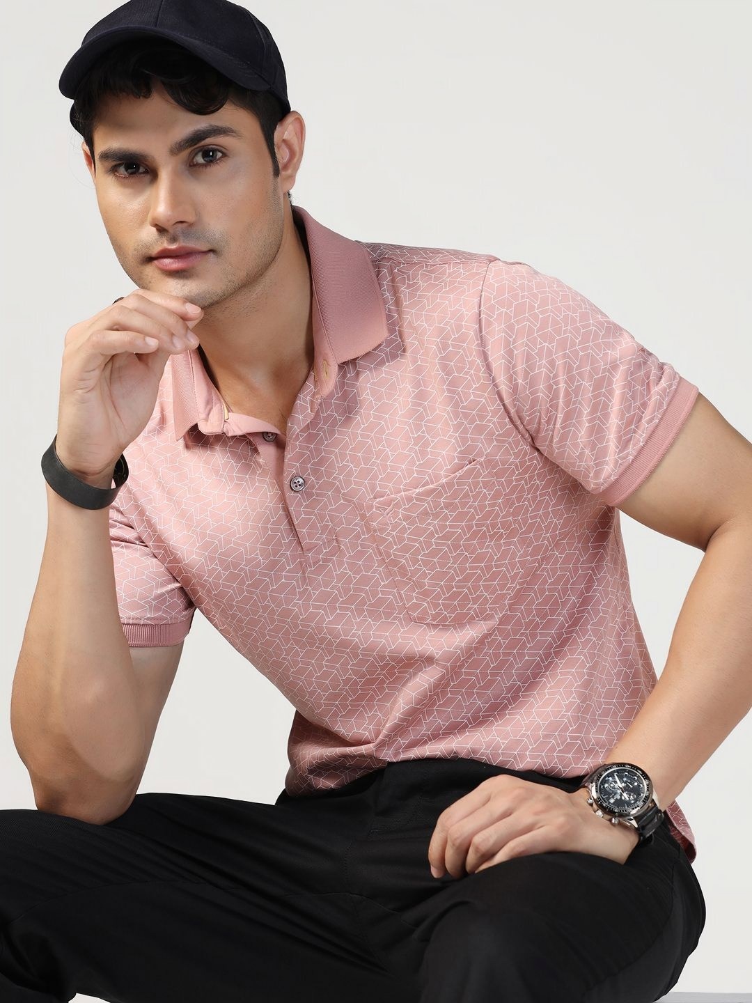 

Blackberrys Men Abstract Printed Polo Collar Cotton Slim Fit T-shirt, Pink