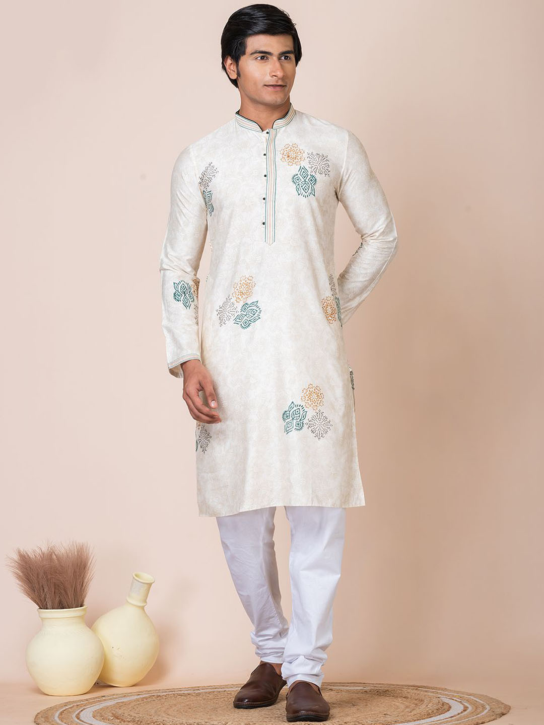 

HU - Handcrafted Uniquely Floral Block & Screen Printed Pure Silk Kurta with Churidar, Cream