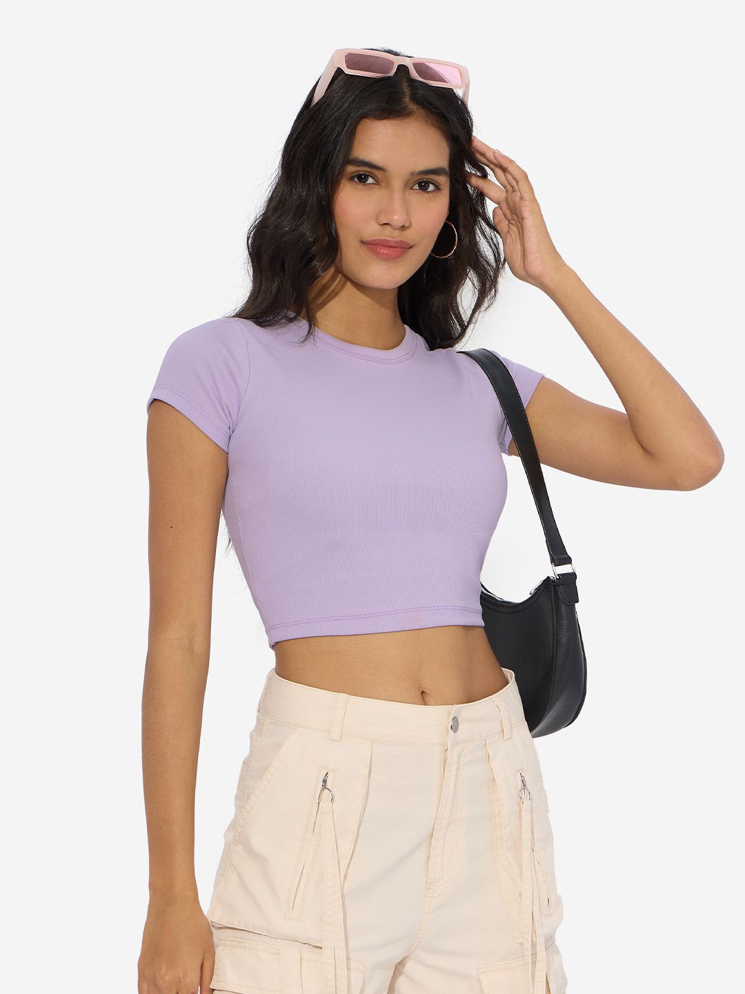 

The Souled Store Solid Round Neck Fitted Crop Top, Lavender