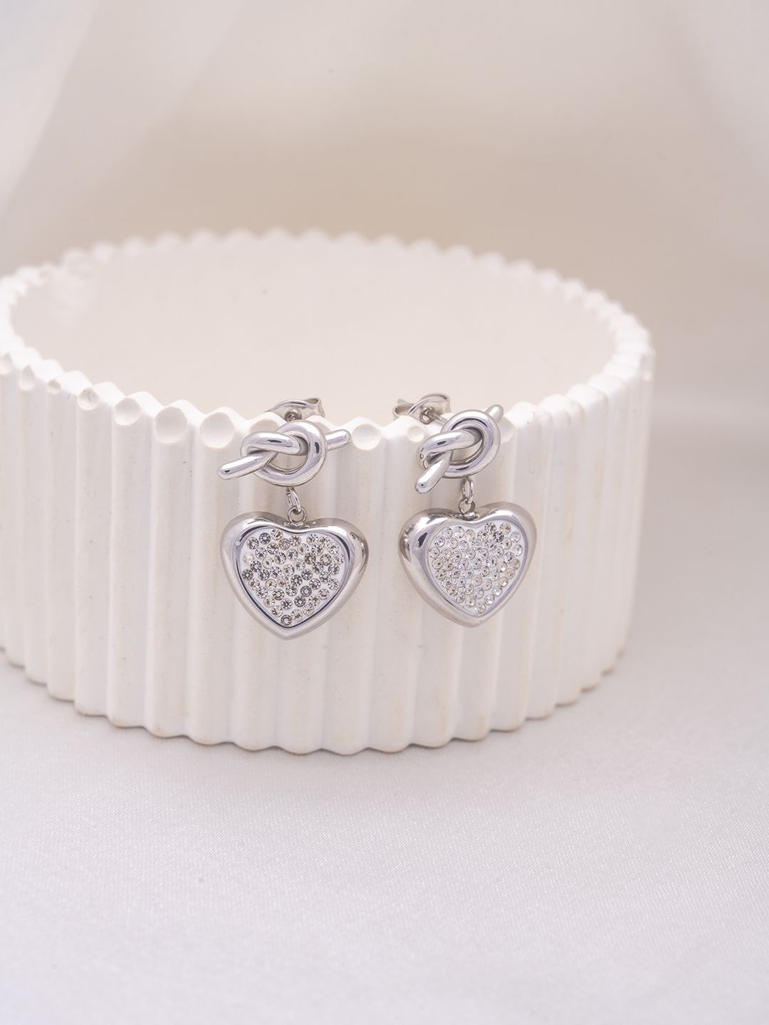 

Perfectly Average Silver-Plated Stainless Steel Stones Studded Heart Shaped Drop Earrings