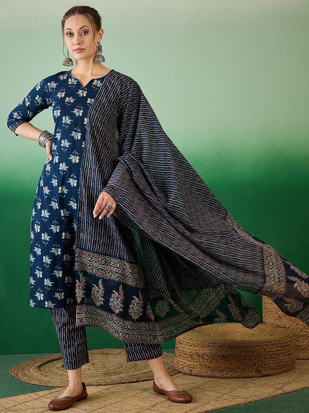 

KAVINDI Floral Printed Kantha Work Pure Cotton Kurta with Trousers & Dupatta, Blue