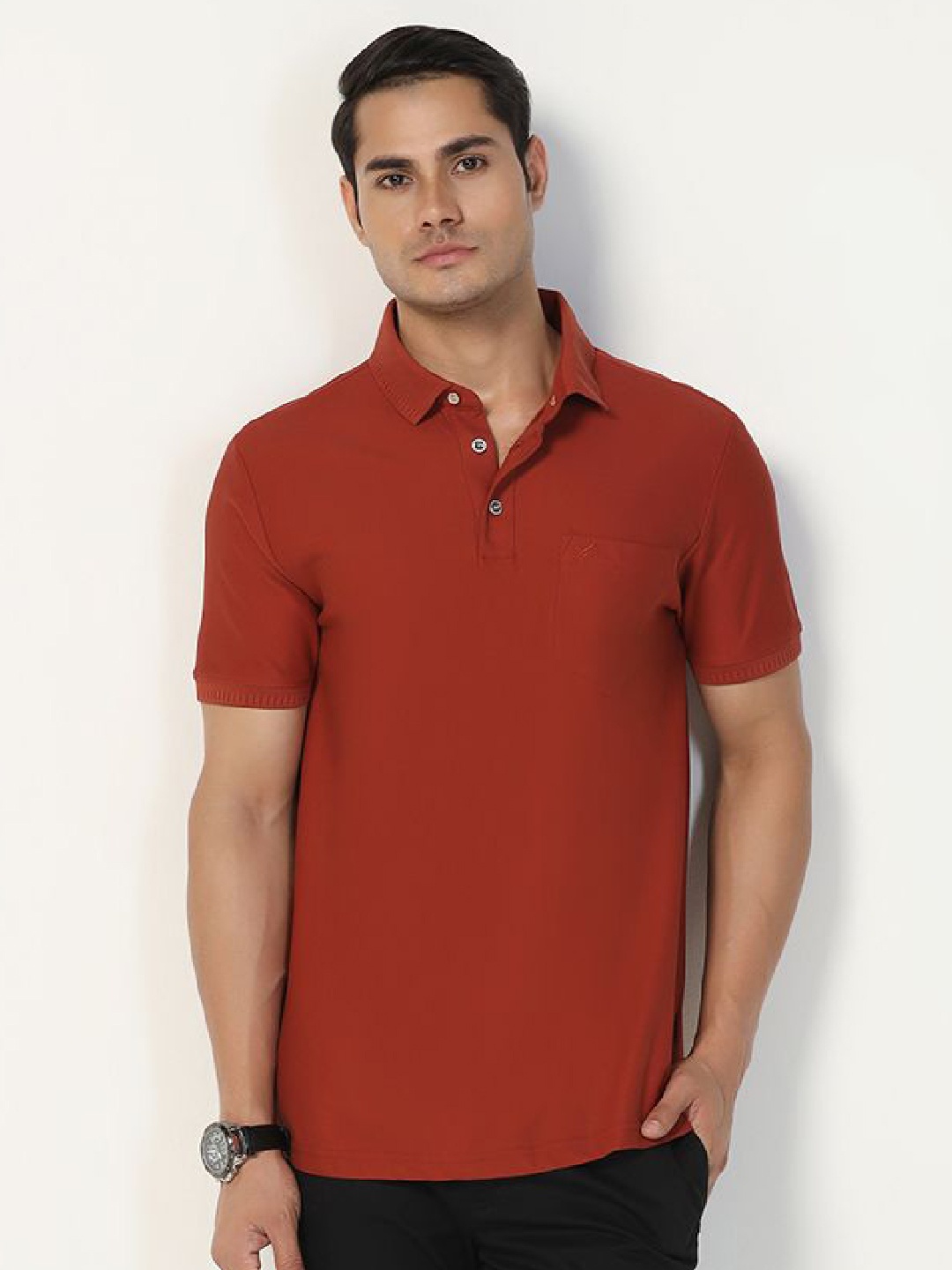 

Blackberrys Men Solid Polo Collar Cotton Slim Fit T-shirt, Rust