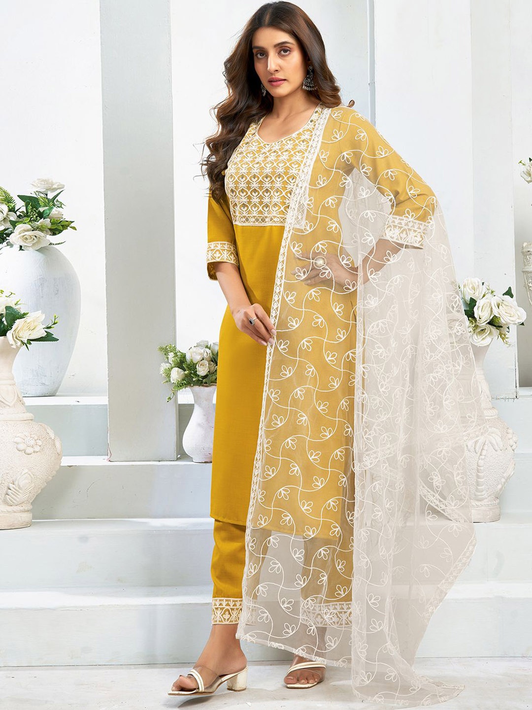 

KALINI Floral Embroidered Sequinned Straight Kurta With Trousers & Dupatta, Mustard