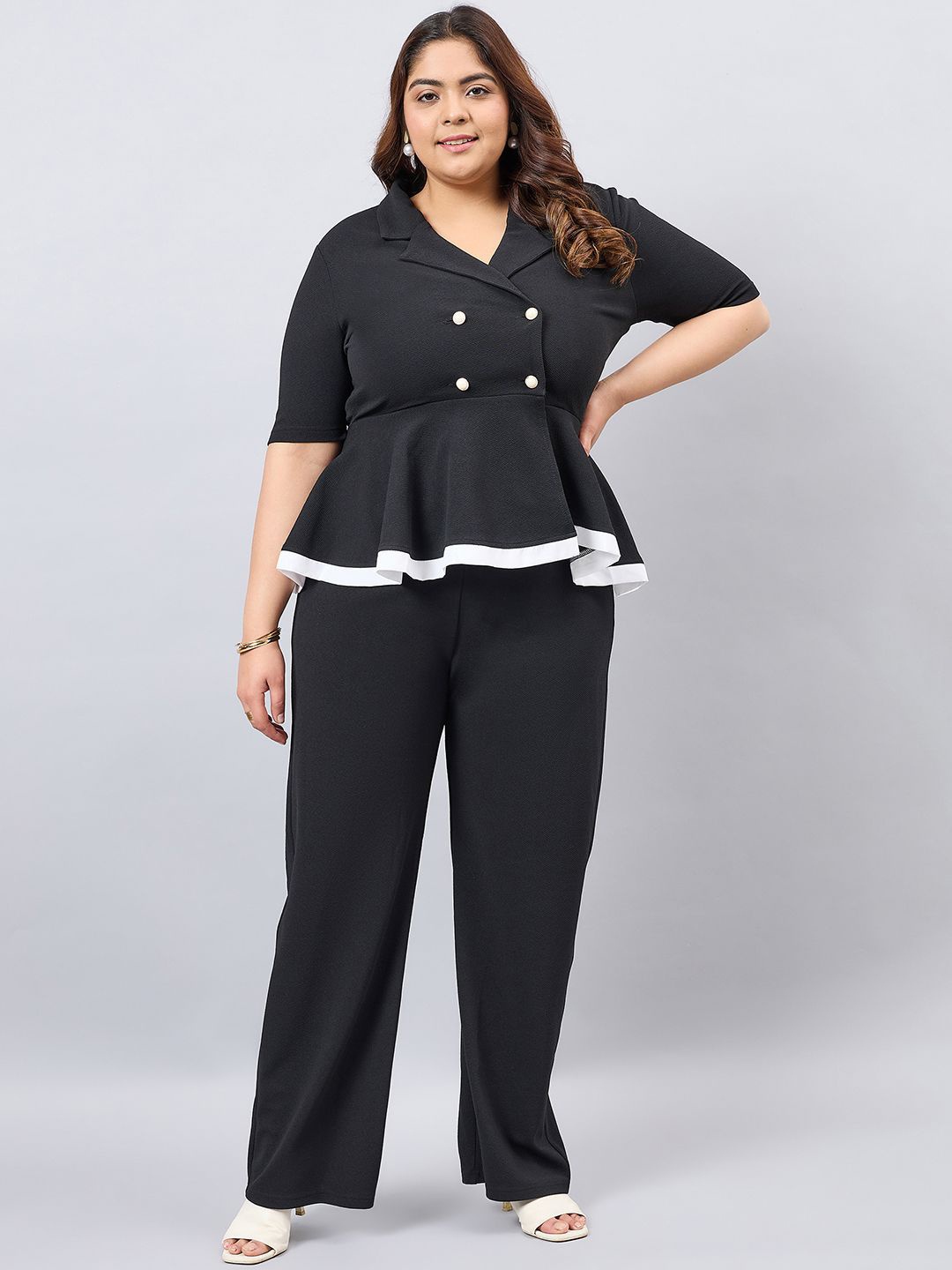 

Orchid Blues Plus Size Shawl Neck Double Breasted Blazer & Trouser Co-Ords, Black