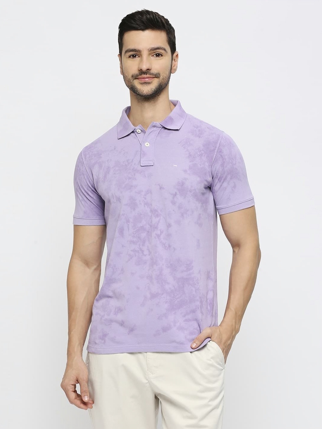 

Basics Men Tie and Dye Polo Collar Cotton Slim Fit T-shirt, Purple