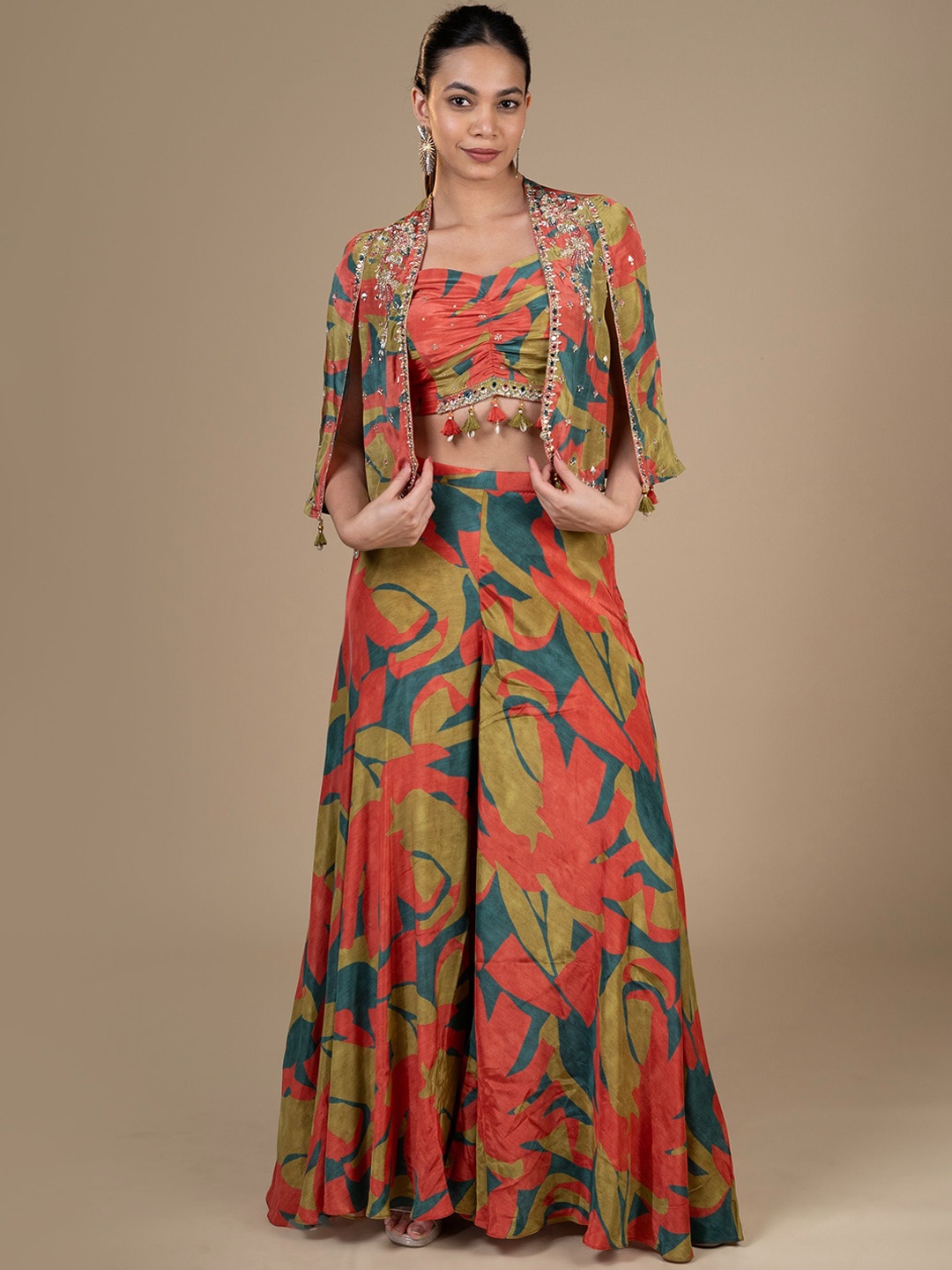 

House Of Dharaa Embellished Top With Palazzo & Shrug, Green
