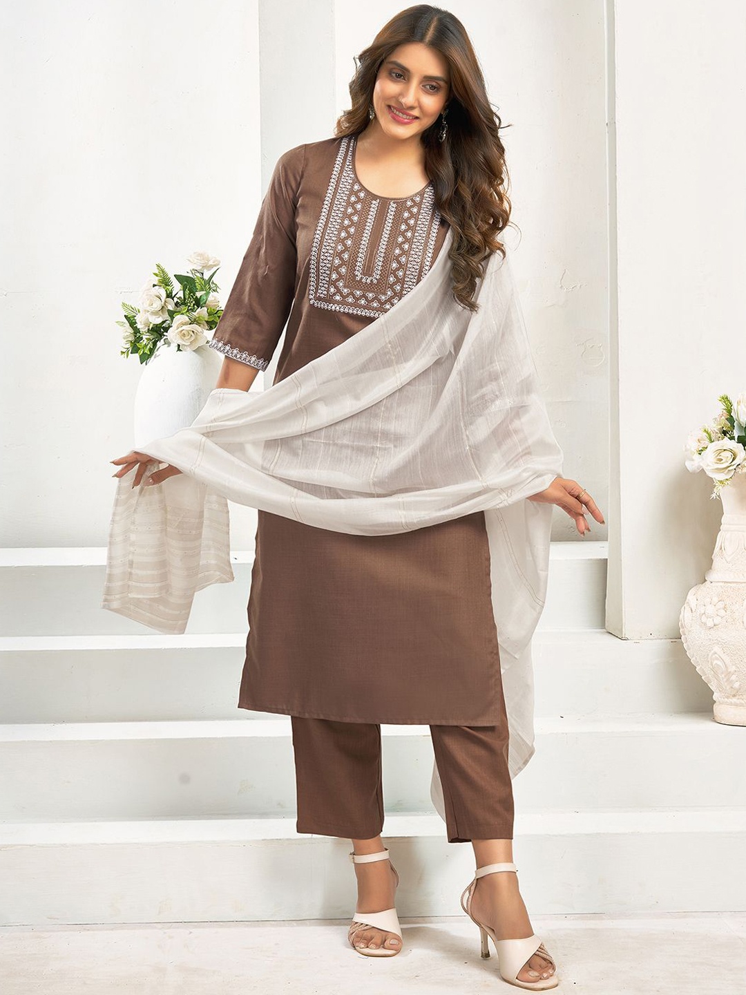 

KALINI Floral Embroidered Sequinned Straight Kurta With Trousers & Dupatta, Brown