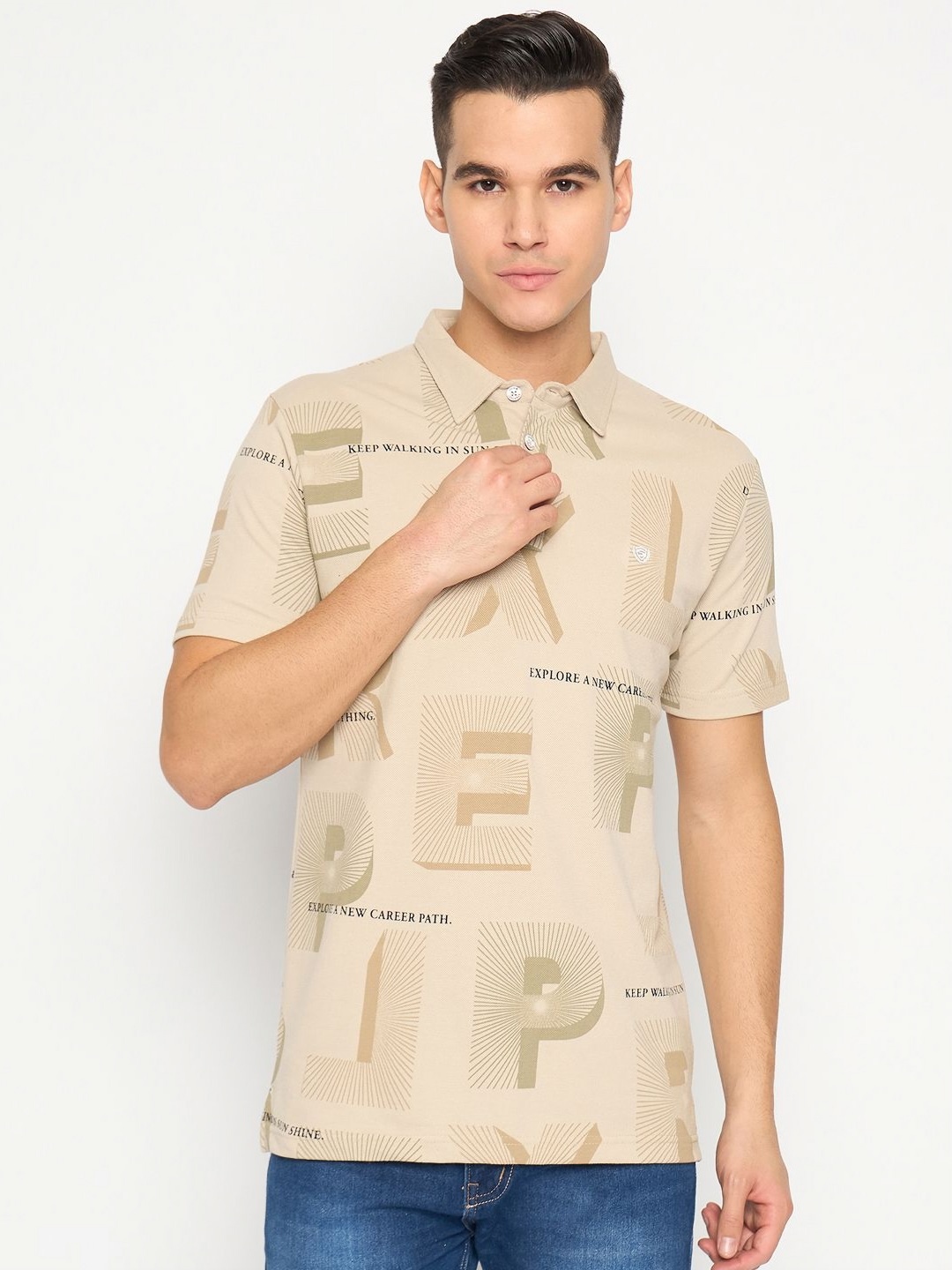 

Duke Men Graphic Printed Polo Collar Cotton Slim Fit T-shirt, Beige