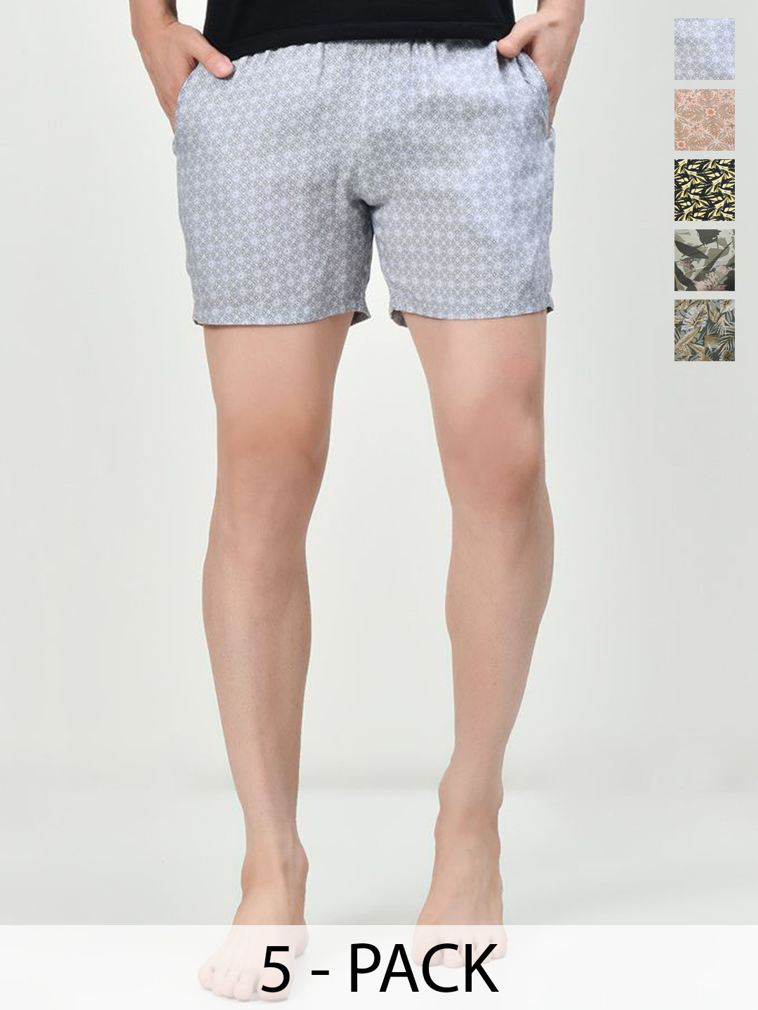 

BAESD Men Pack of 5 Printed Pure Cotton High-Rise Shorts, Multi