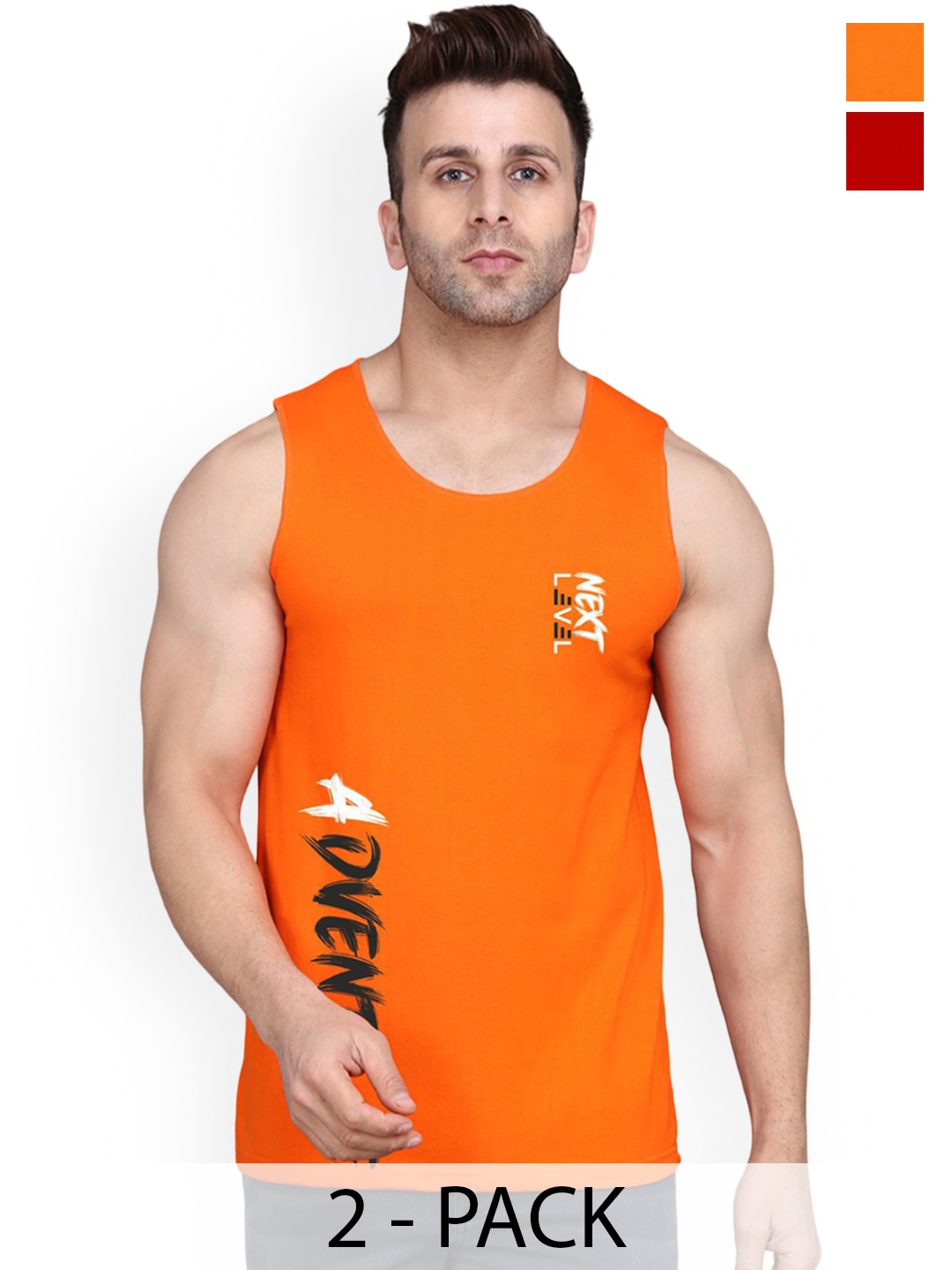 

SLOWLORIS Pack Of 2 Printed Sleeveless Gym Vests, Red