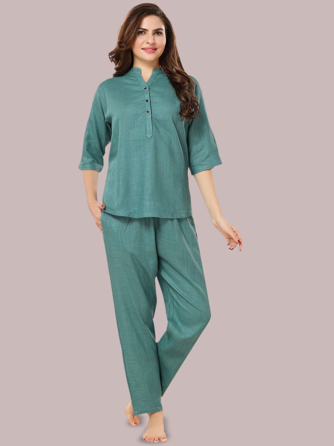 

Fabme Mandarin Collar Pure Cotton Top With Trousers, Green