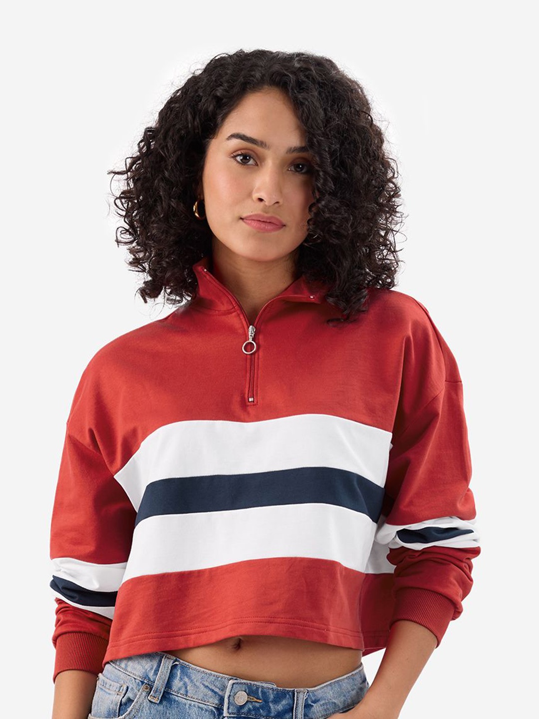 

The Souled Store Women Striped Polo Collar Cotton Oversized T-shirt, Red