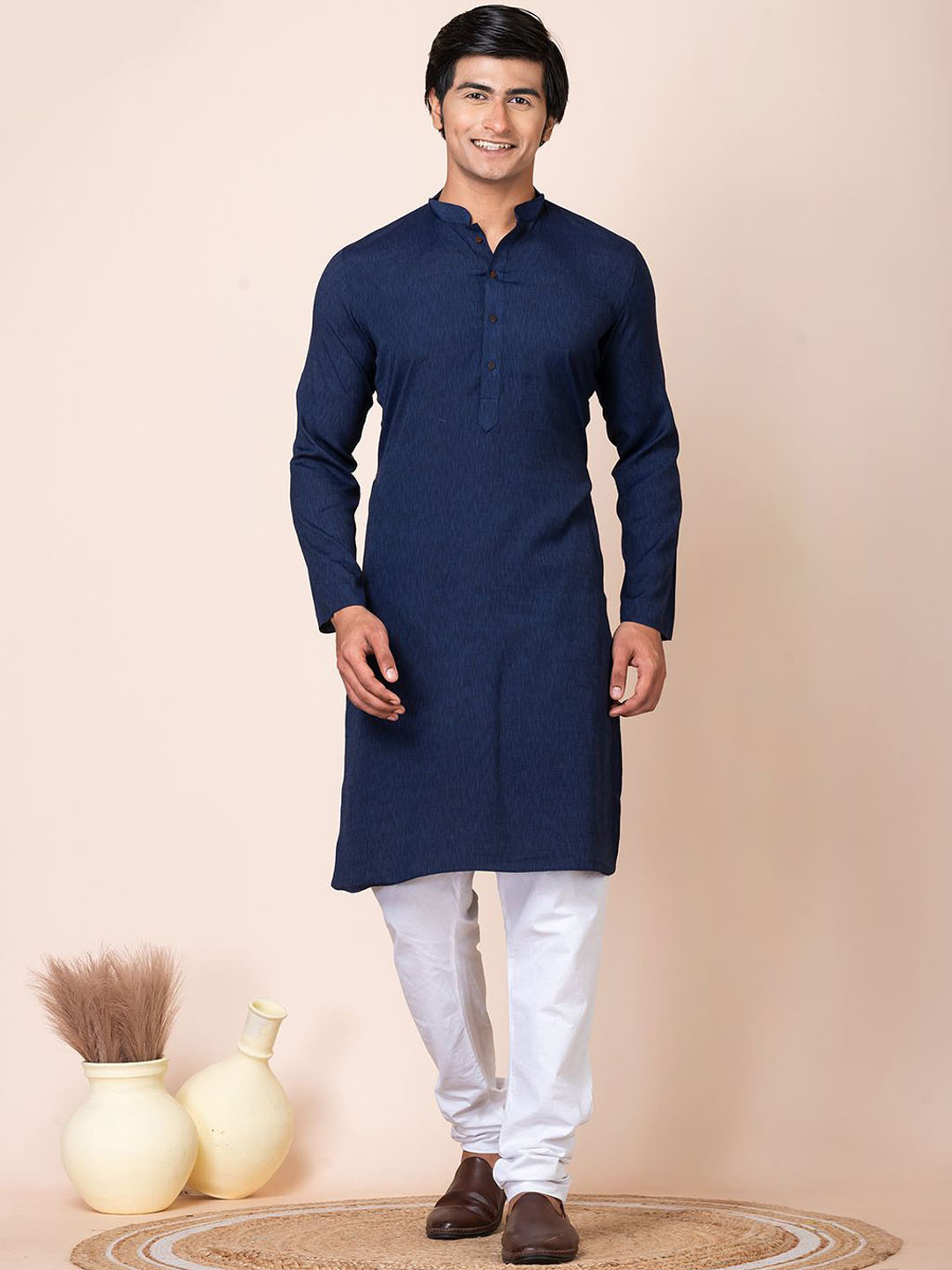 

HU - Handcrafted Uniquely Mandarin Collar Pure Cotton Straight Kurta with Churidar, Navy blue