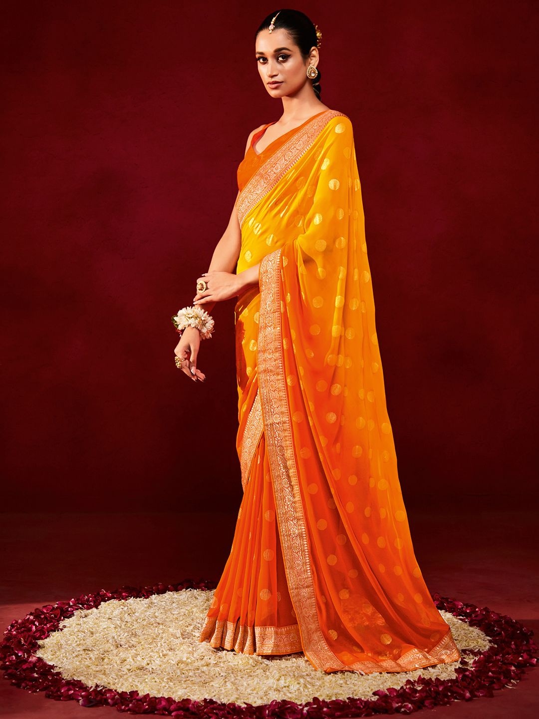

Saree mall Woven Design Polka Dots Zari Sarees, Yellow