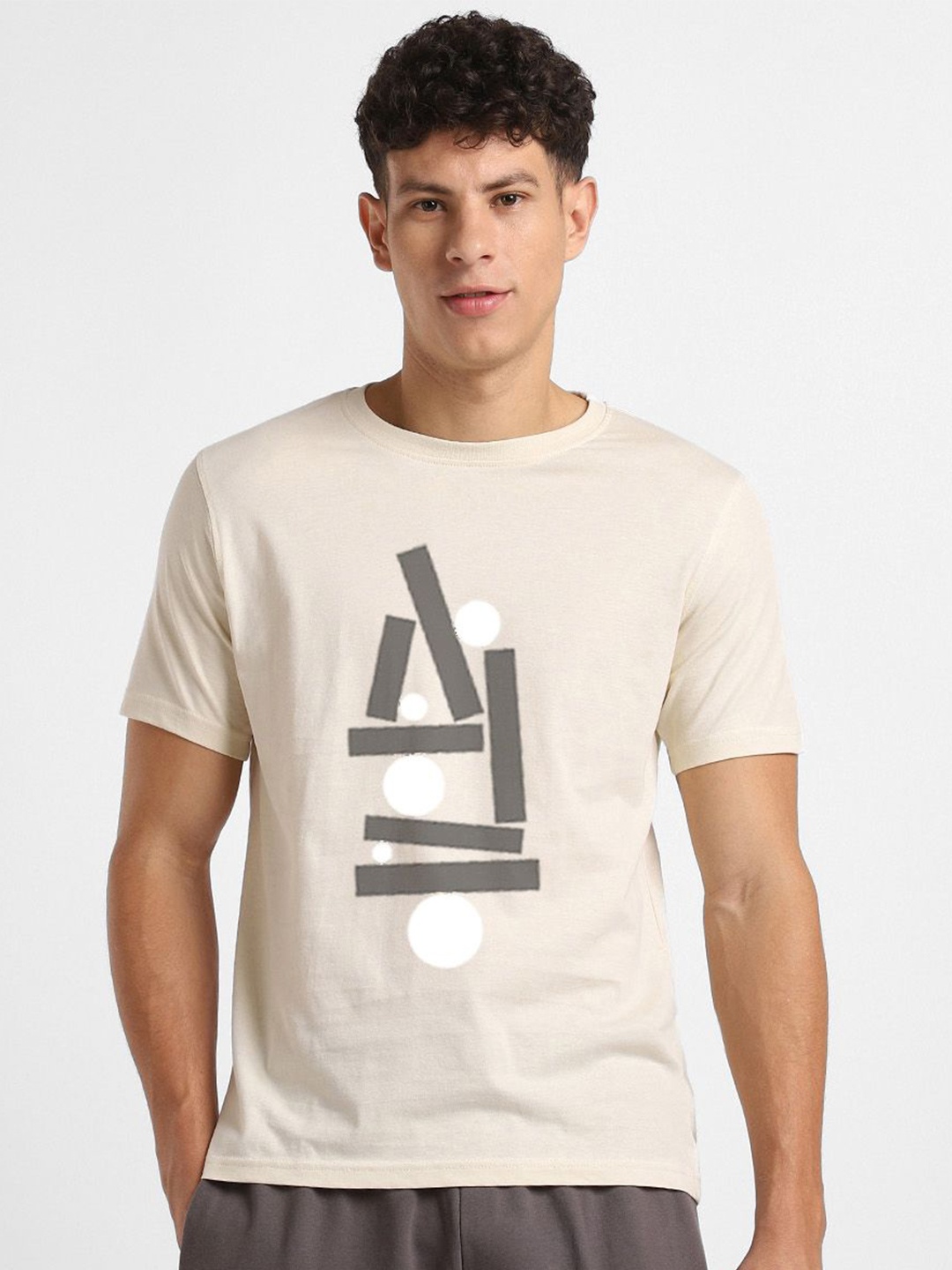 

NOBERO Graphic Printed Round Neck Cotton T-shirt, Beige