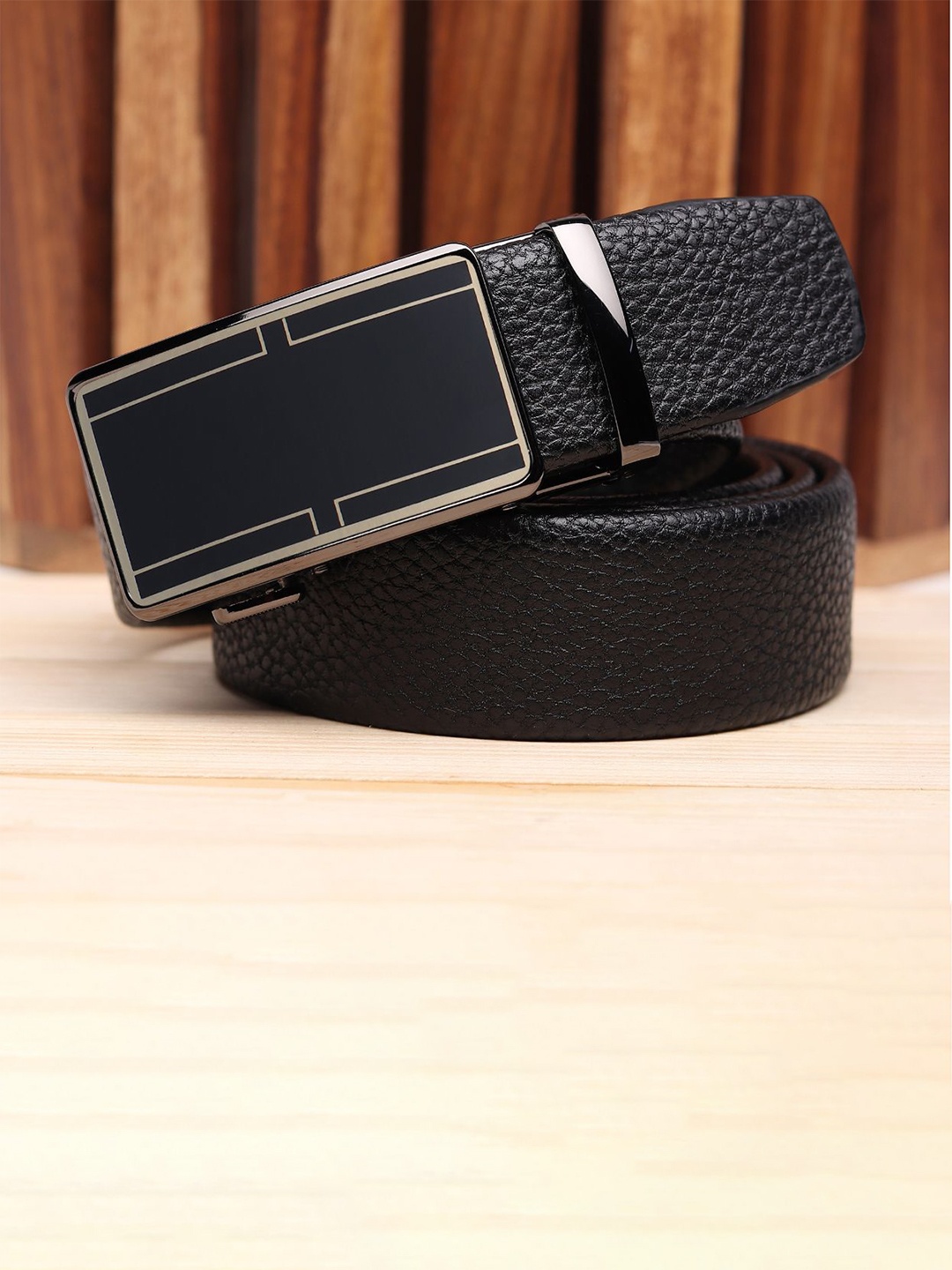 

WINSOME DEAL Men Slider Buckle Closure Textured Formal Belt, Black