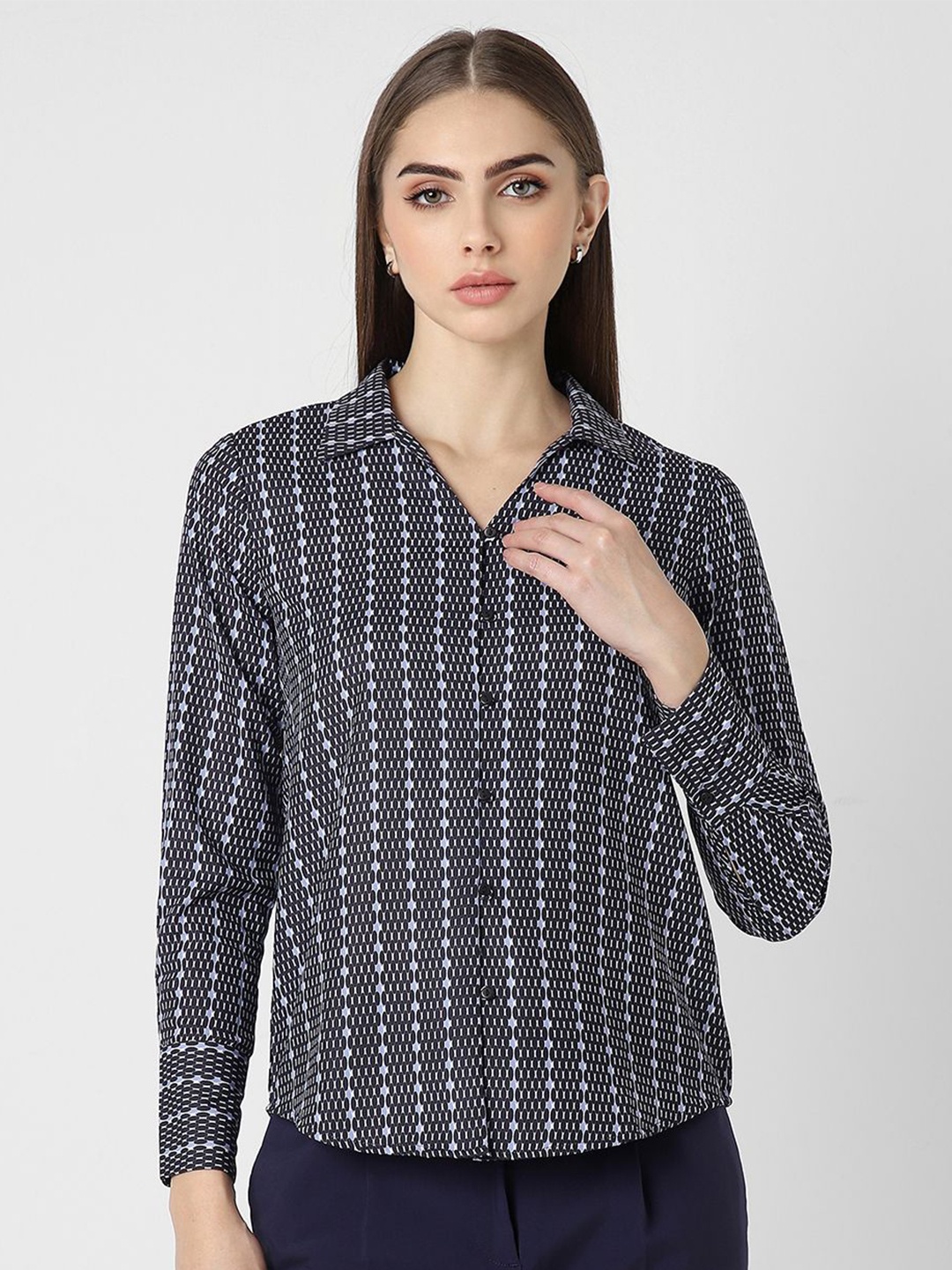 

Van Heusen Woman Spread Collar Micro Ditsy Printed Formal Shirt, Black