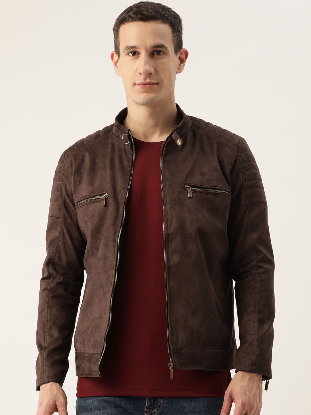 

Leather Retail Men Checked Suede Lightweight Biker Jacket, Coffee brown