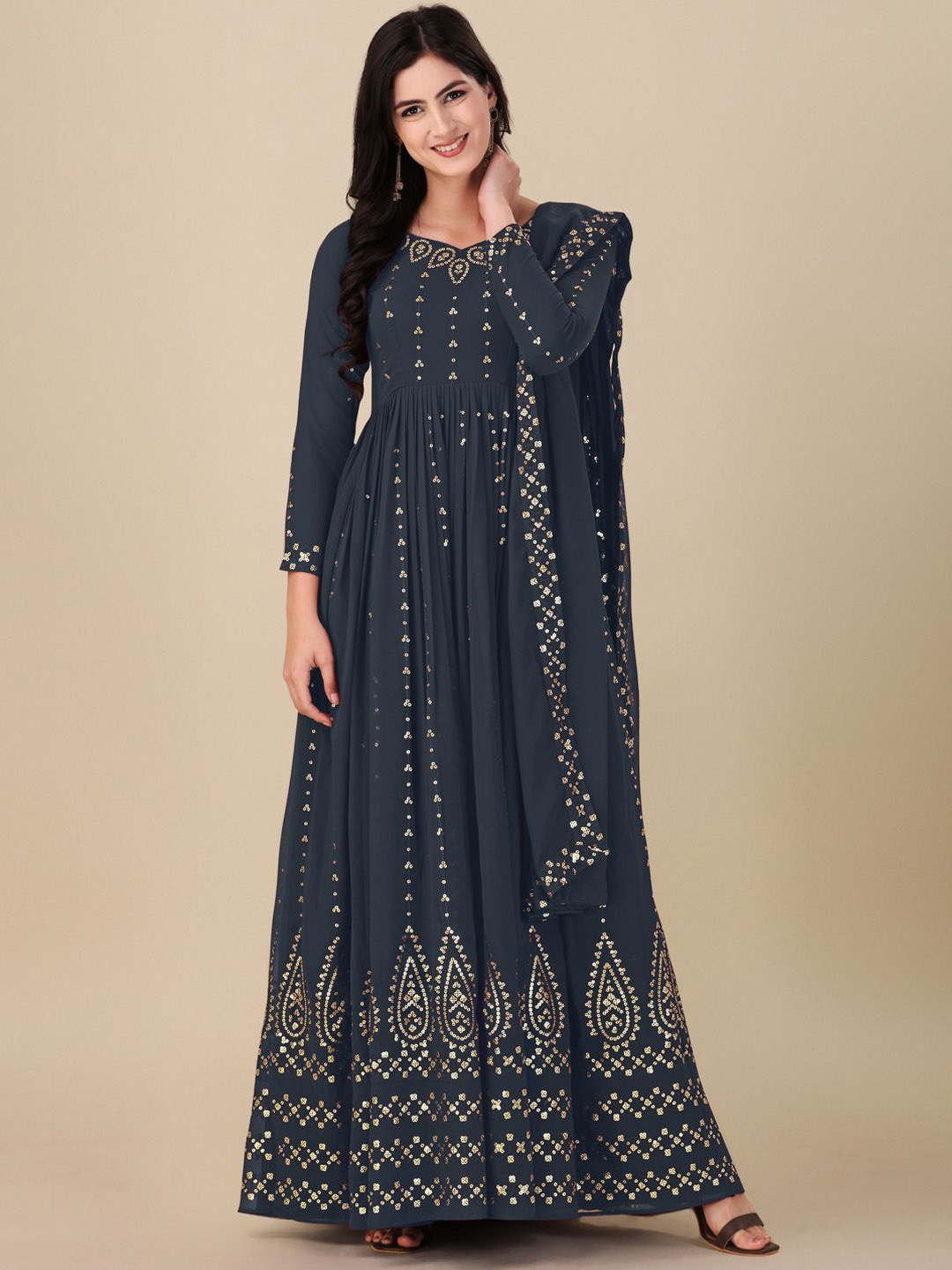 

KALINI Floral Embroidered Semi-Stitched Dress Material, Grey